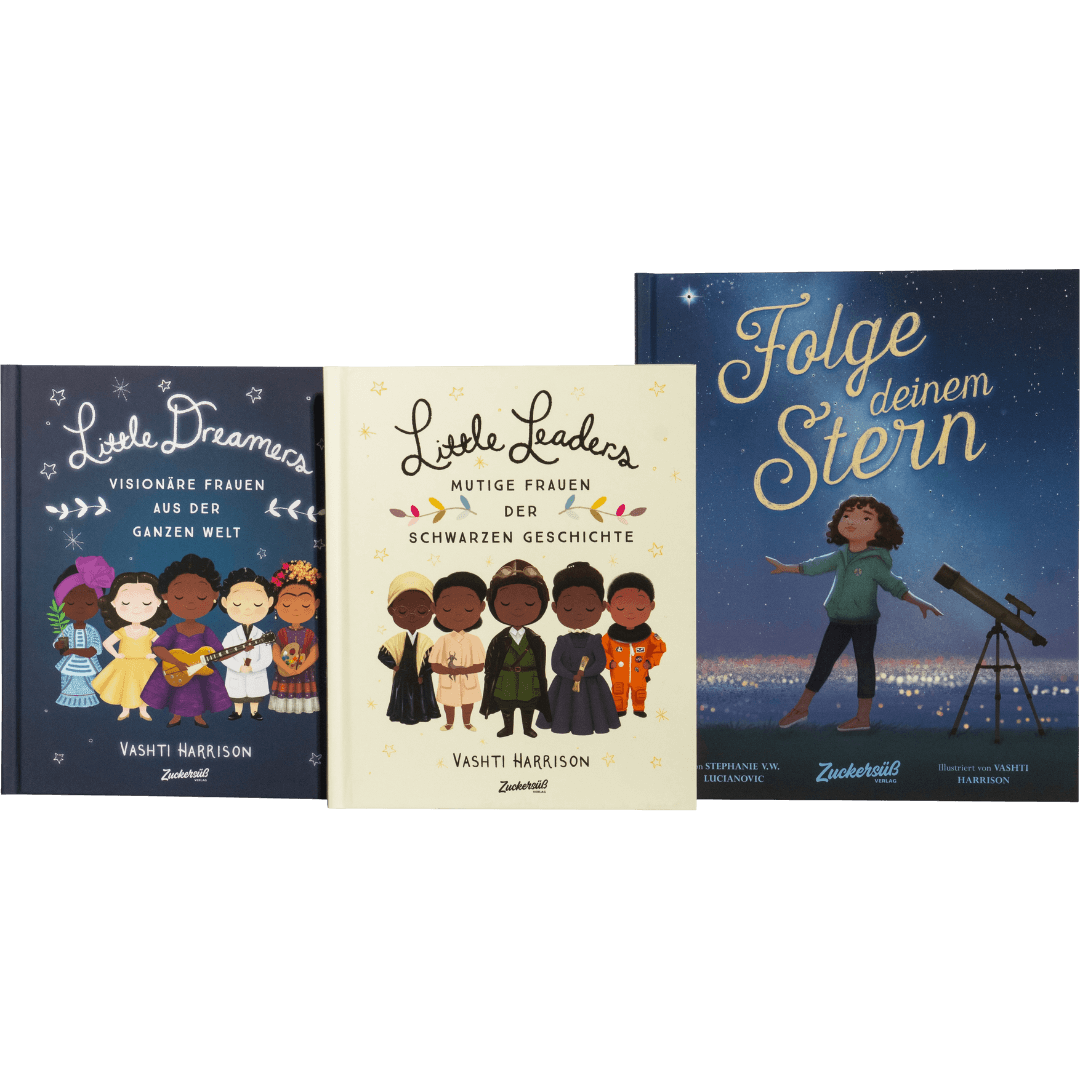 Das "Magic Dreamer Set" vom Zuckersüß Verlag zeigt drei inspirierende Bücher für Mädchen mit deutschen Titeln über visionäre und mutige Heldinnen, deren Geschichten Kindern als Vorbilder dienen.