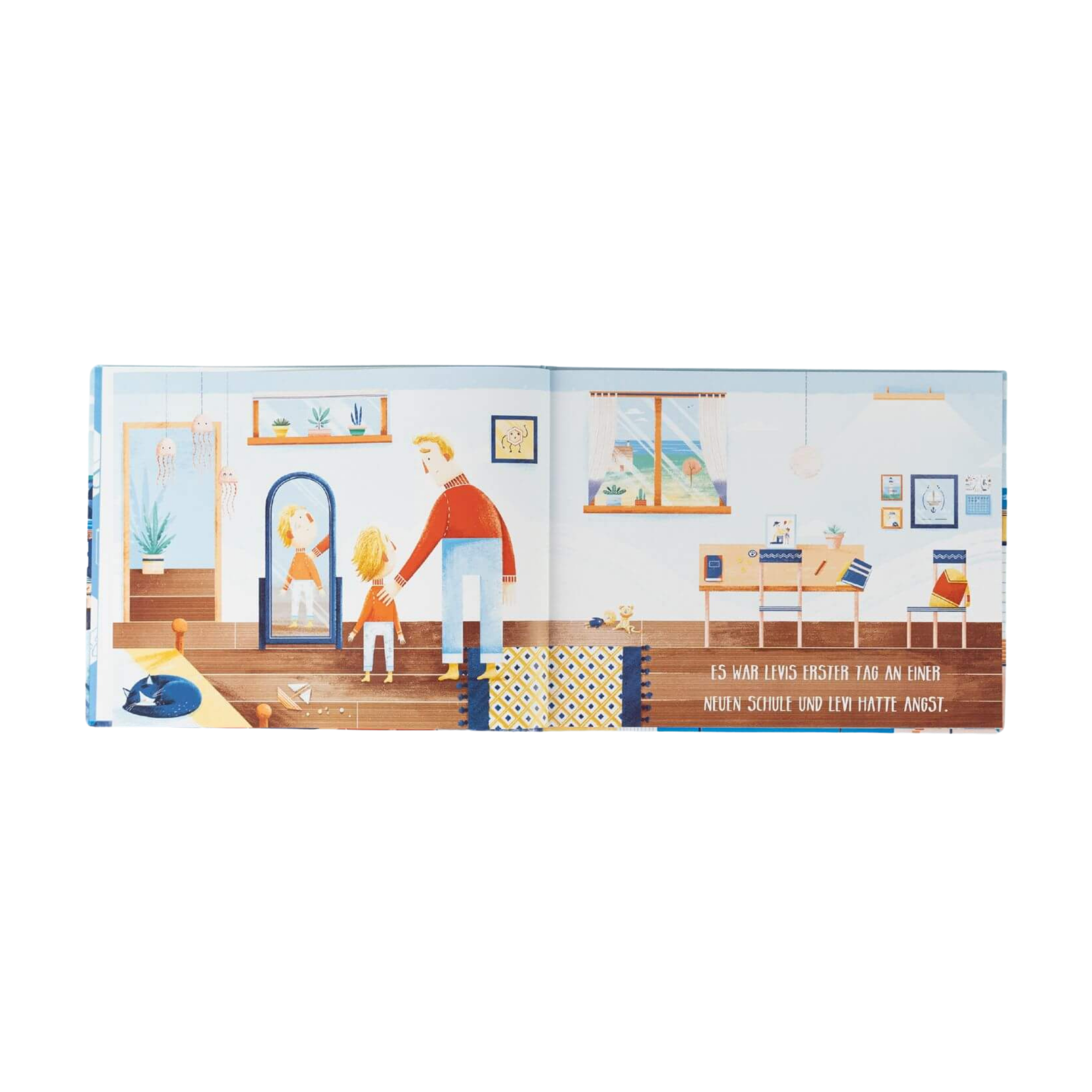 Eine Doppelseite aus "Männer weinen" von Jonty Howley zeigt eine Person und ein Kind vor einem Spiegel in einem gemütlichen, modernen Raum mit Pflanzen, Bildern und einem Fenster. Der Text steht unten rechts.