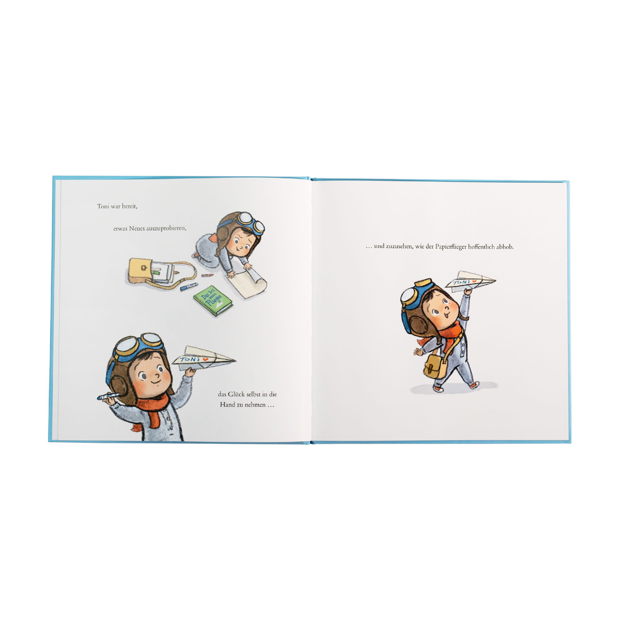 Doppelseite aus dem Bilderbuch „Meine Träume fliegen hoch“ von Cori Doerrfeld: Ein Kind mit Fliegerbrille und rotem Schal bastelt einen Papierflieger, beschriftet ihn mit „Toni“ und lässt ihn schließlich starten – begleitet von kurzen Texten über Mut, Aufbruch und neue Erfahrungen.
