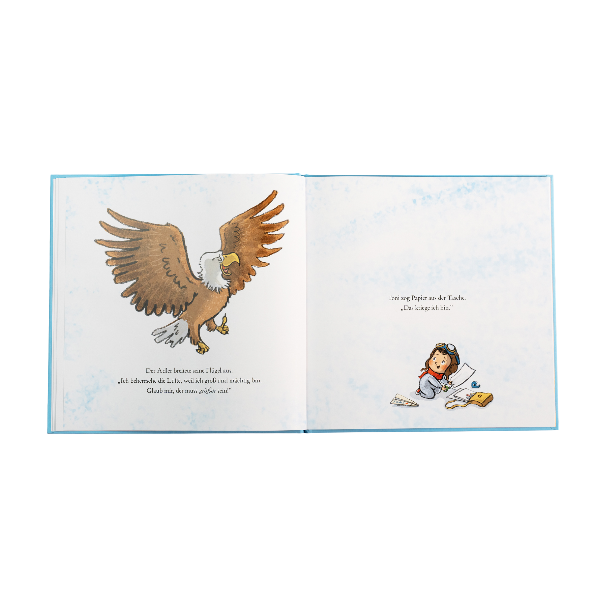 Eine Doppelseite aus dem Bilderbuch „Meine Träume fliegen hoch“ von Cori Doerrfeld: Links breitet ein gezeichneter Adler seine Flügel aus, begleitet von Text. Rechts sitzt ein Kind mit Fliegermütze am Boden und zeichnet konzentriert. Sanfte Blautöne zieren beide Seiten.