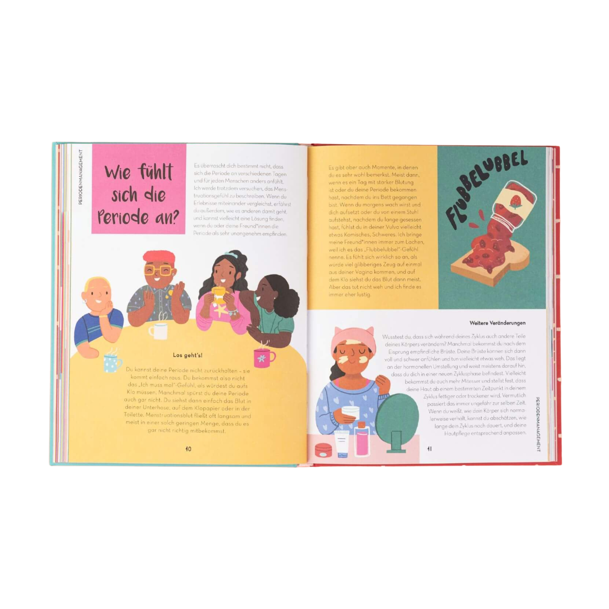 Eine illustrierte Seite aus dem Pubertät Starter Pack des Zuckersüß Verlags zeigt verschiedene Menschen, die sich an einem Tisch unterhalten, und ein Pizzastück, das ein "Flubblubbel"-Geräusch macht - farbenfroh, spielerisch und ideal für das Thema Körperbewusstsein.