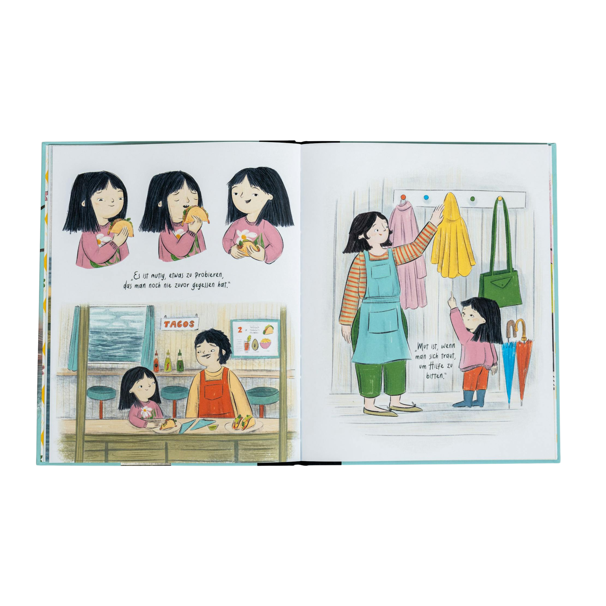 Eine Doppelseite aus dem Bilderbuch „Mut“ von Wai Mei Wong zeigt auf der linken Seite ein Kind, das mutig einen Taco probiert, und eine Szene in einem kleinen Restaurant mit einer erwachsenen Person. Rechts bittet dasselbe Kind in einem Eingangsbereich um Hilfe beim Erreichen eines gelben Mantels. Die Szenen zeigen alltägliche Situationen, in denen Mut gebraucht wird.