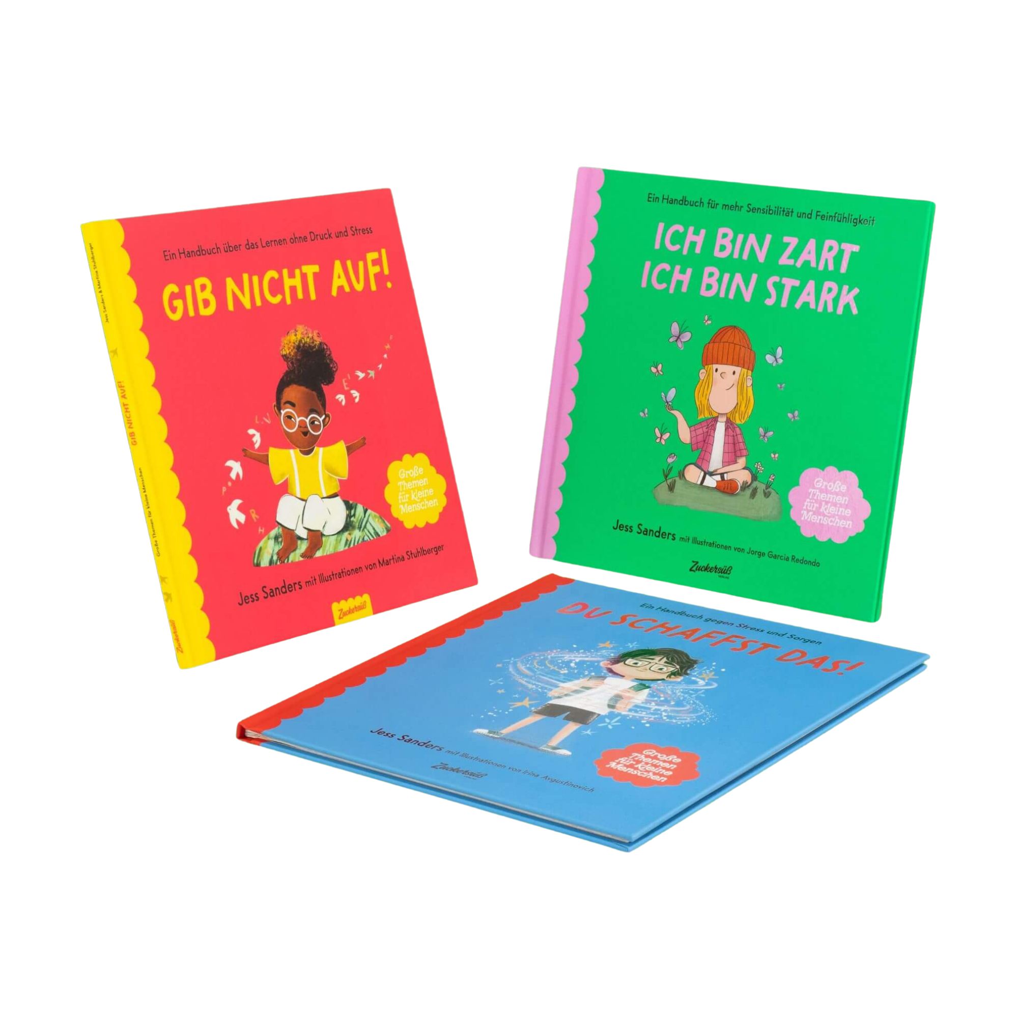 Das Mutmach-Paket vom Zuckersüß Verlag enthält drei bunte Kinderbücher auf Deutsch: "Gib nicht auf!", "Ich bin zart, ich bin stark" und "Du schaffst das", mit illustrierten Covern.
