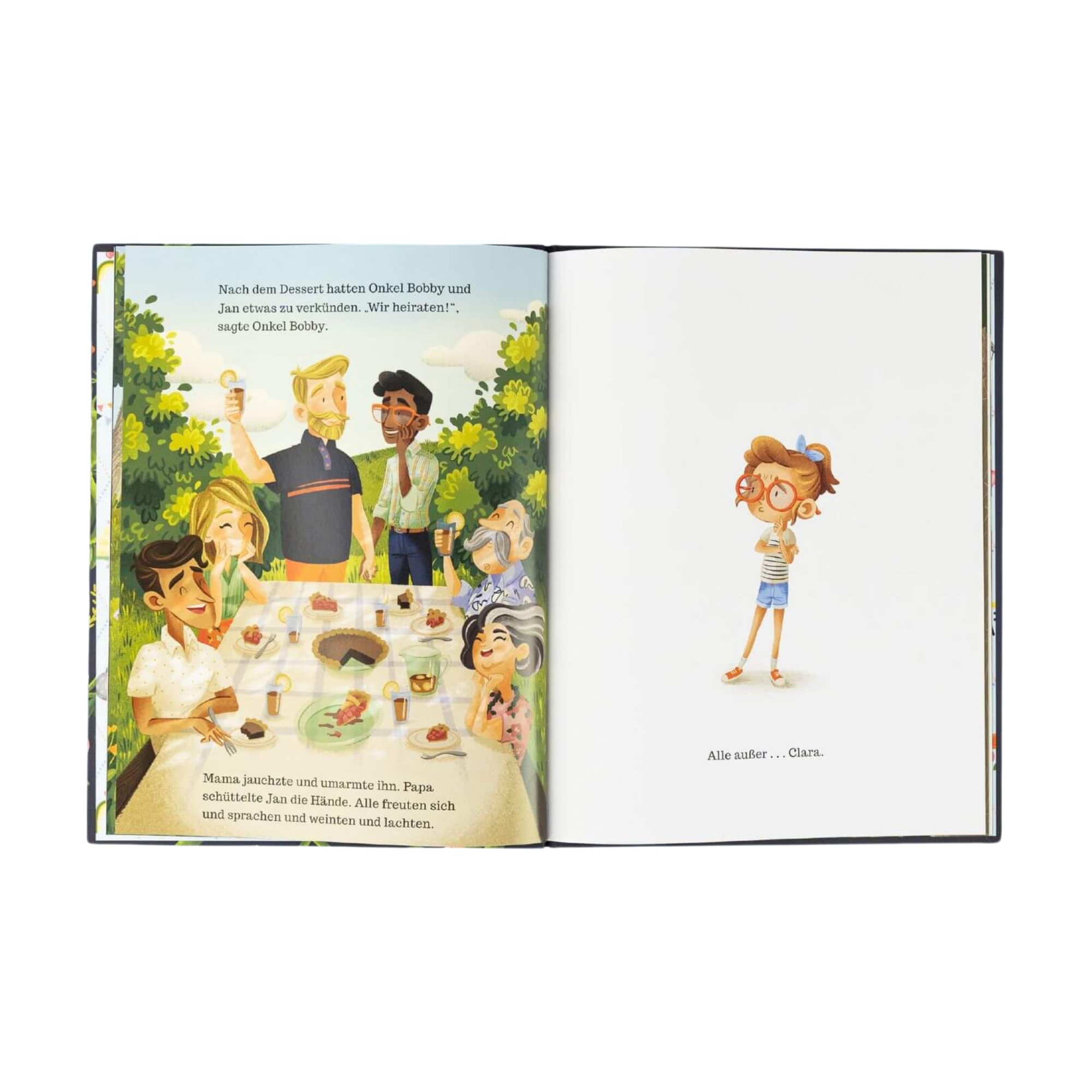 Das illustrierte Kinderbuch „Onkel Bobbys Hochzeit“ von Sarah S. Brannen zeigt auf der linken Seite eine fröhliche Familie an einem Tisch im Freien, während auf der rechten Seite ein Kind mit Brille sowie begleitender Text abgebildet ist.