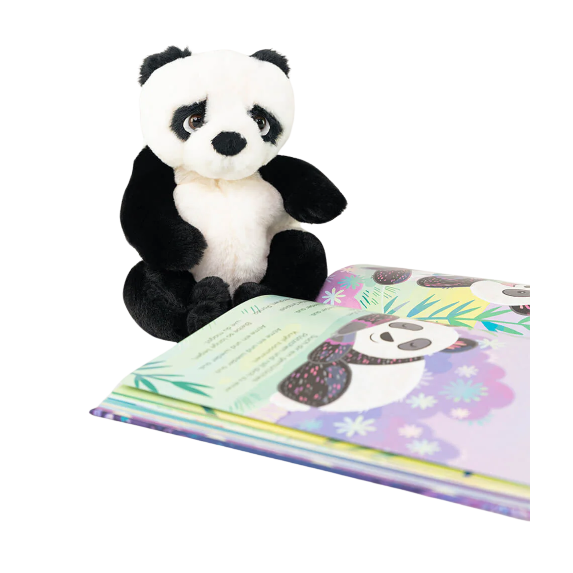 Das aufgeschlagene Buch "Entspannt wie ein Panda" von Kira Willey liegt neben einem Plüschpanda.
