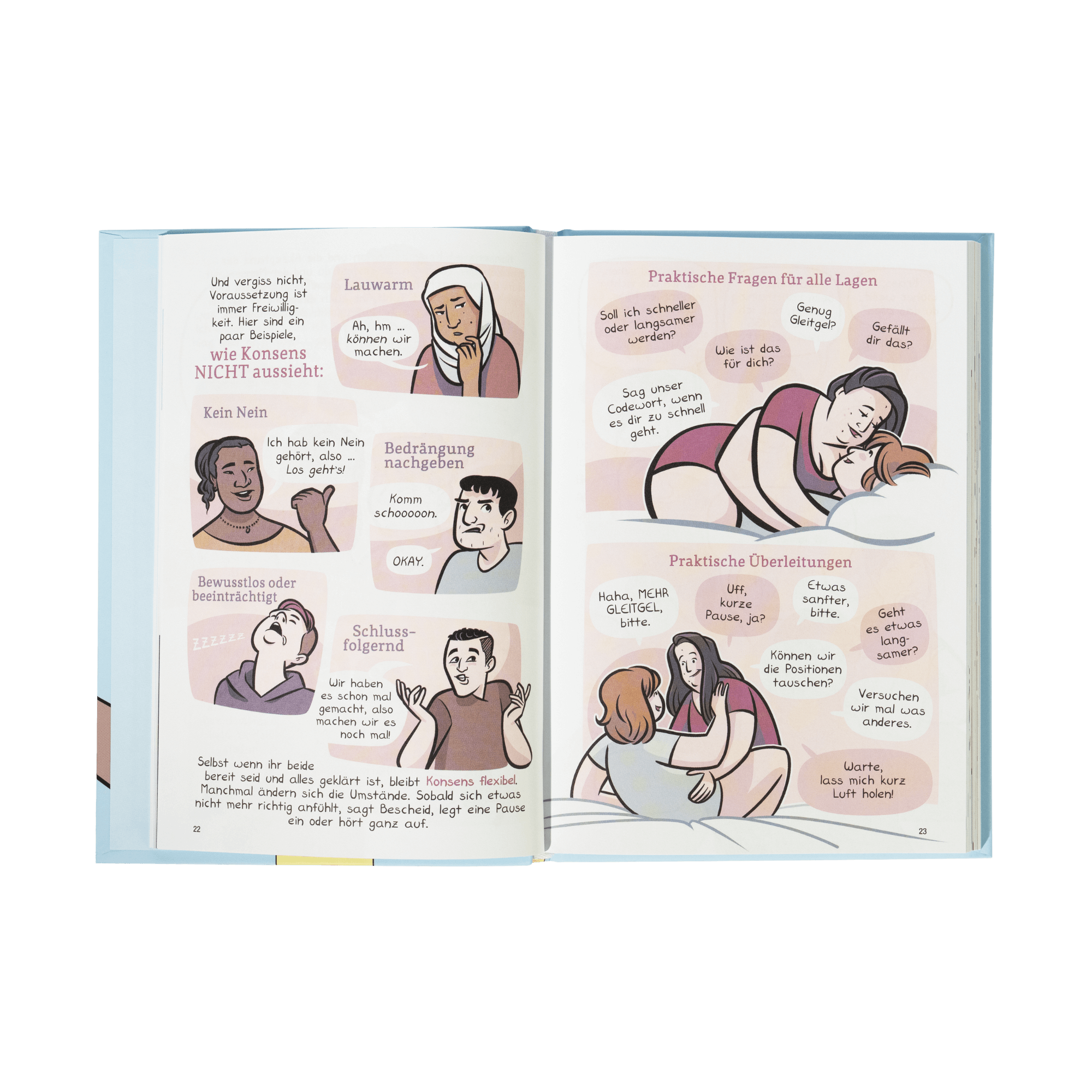 Ein aufgeschlagenes Aufklärungsbuch, "Mehr als Verkehr" vom Zuckersüß Verlag, zeigt Comic-Panels in deutscher Sprache: Auf der linken Seite geht es um Sex und Liebe mit verschiedenen Charakteren und Zustimmung; auf der rechten Seite kuschelt ein Paar und tauscht Kommunikationstipps aus.