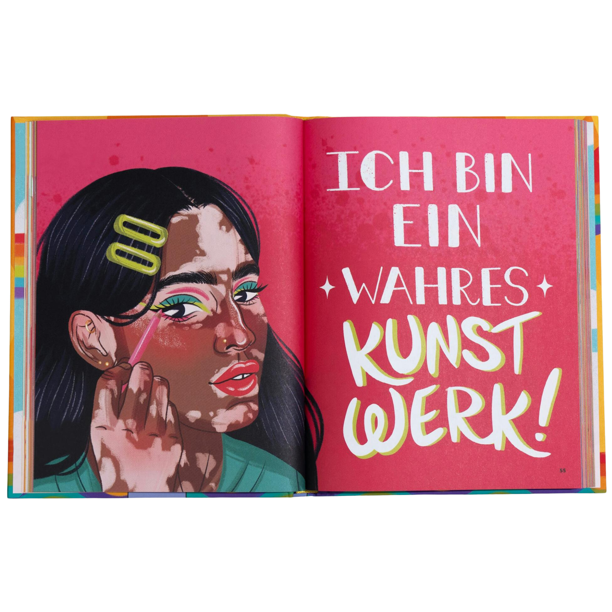 In "Queer Joy" von Jess Vosseteig zeigt eine Bildseite eine Person mit Vitiligo, die ihr Gesicht berührt. Auf der rechten Seite steht in fetter Schrift - ICH BIN EIN WAHRES KUNSTWERK! - queere Freude und Selbstakzeptanz.