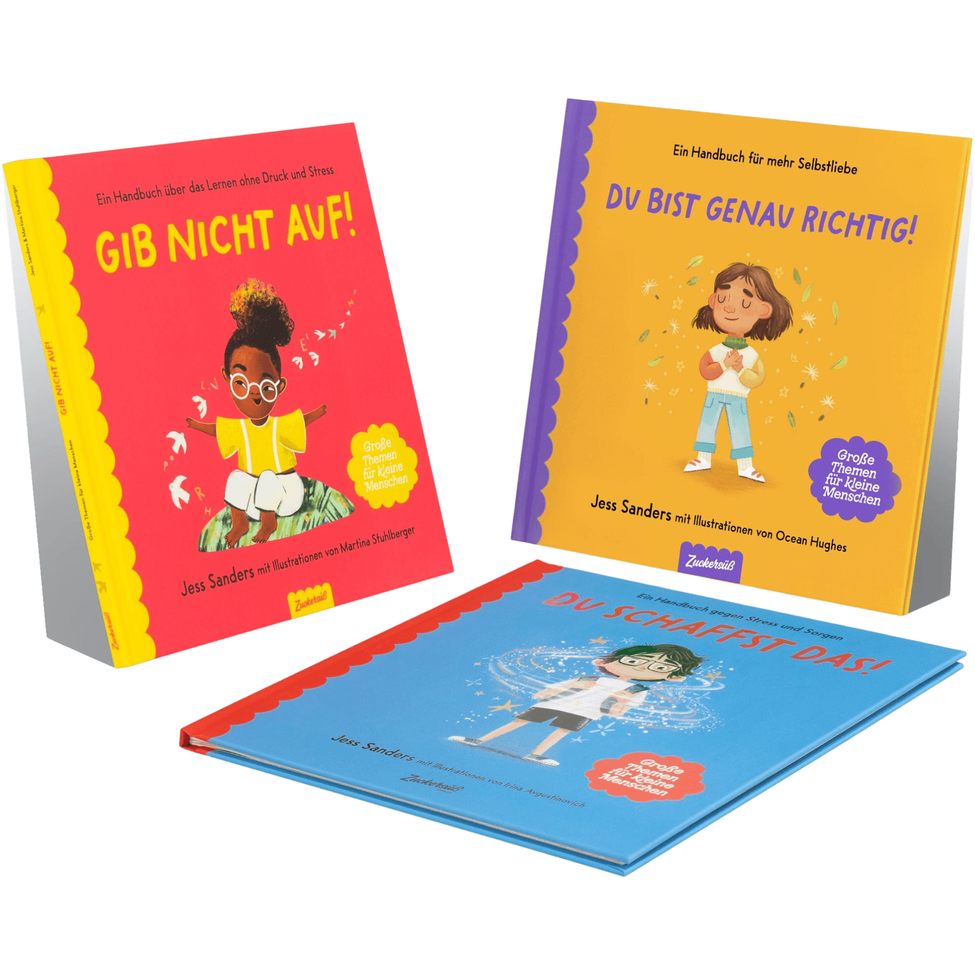 Das School Starter Pack aus dem Zuckersüß Verlag enthält drei fröhliche Kinderbücher auf Deutsch - Gib nicht auf!, Du bist genau richtig! und Du schaffst das! - um Mut und Selbstvertrauen zu wecken.