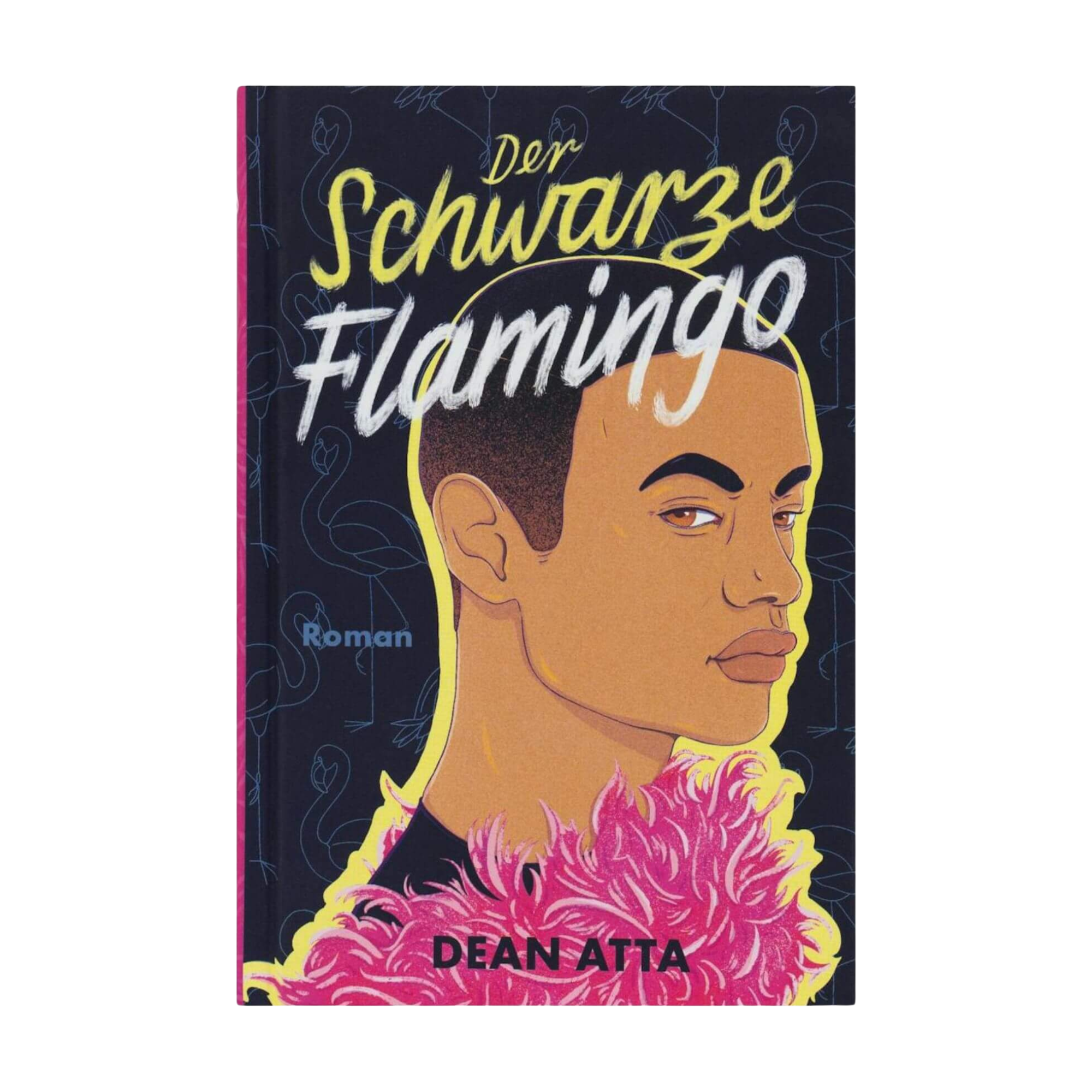 Das Cover von “Der schwarze Flamingo” von Dean Atta zeigt eine junge Person mit kurzen Haaren in einem rosafarbenen, gefiederten Outfit vor dunklem Hintergrund mit Flamingo-Konturen – ein Bild, das die Themen Migration und Rassismus visuell aufgreift.