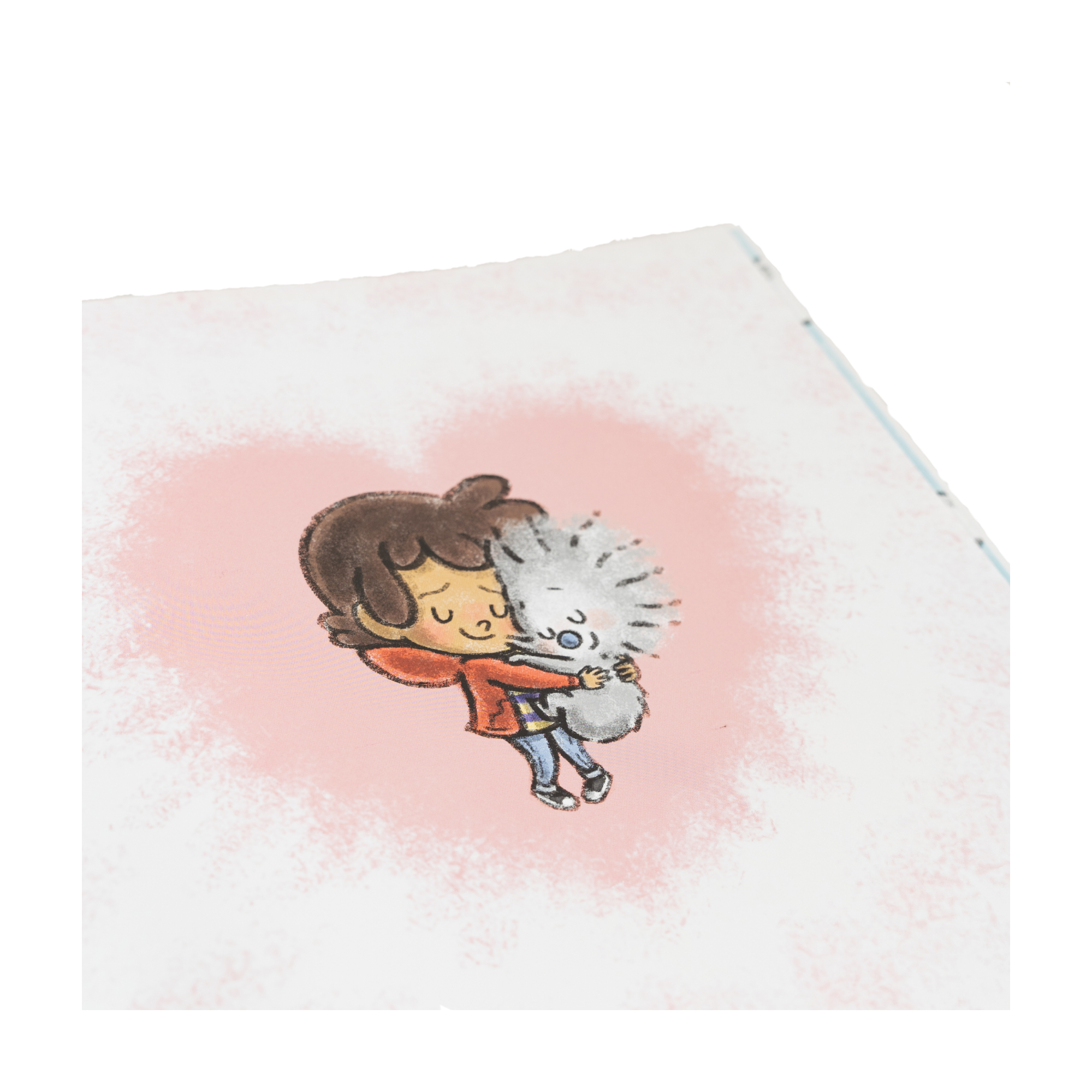 Illustration eines glücklichen Kindes in einem roten Hemd und einer blauen Hose, das ein flauschiges graues Tier vor einem zartrosa Hintergrund umarmt und damit die Abenteuer und Lebensweisheiten von "So ist das Leben" von Ame Dyckman einfängt.