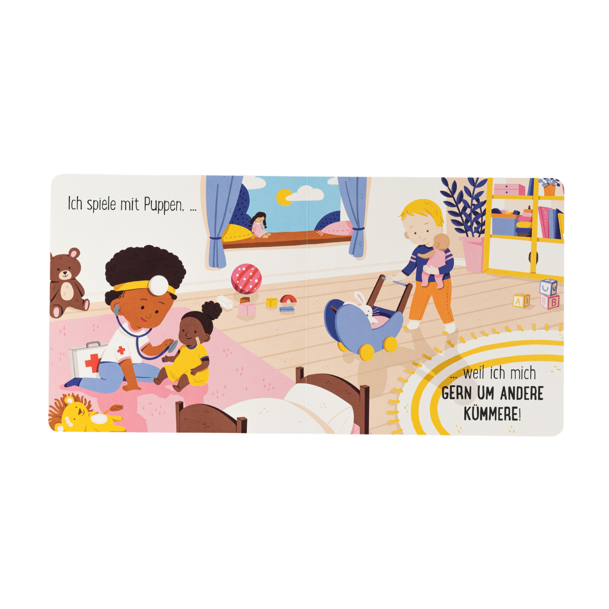 Eine Seite aus dem Buch "Spielzeug ist für alle da!" von Susann Hoffmann zeigt zwei Kinder in einem hellen Zimmer - eines, als Ärztin verkleidet, kümmert sich um eine Puppe, während das andere einen Kinderwagen schiebt. Der deutsche Text unterstreicht, dass Spielzeug für alle da ist.