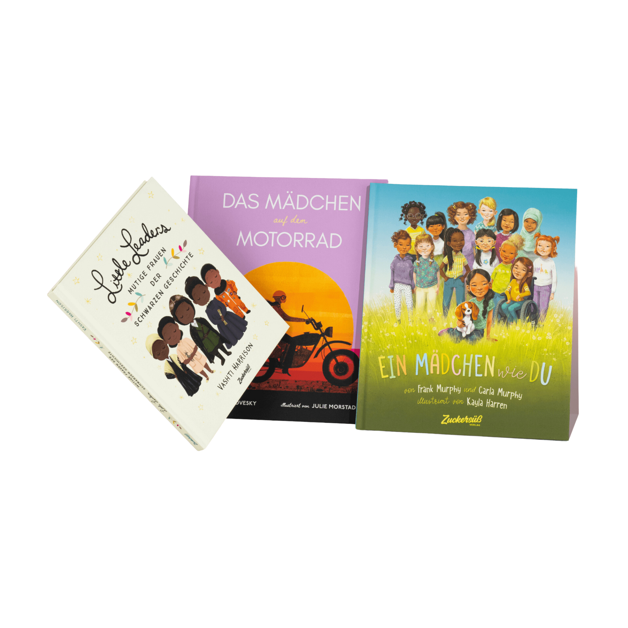 Das „Paket für starke Mädchen“ vom Zuckersüß Verlag umfasst drei kraftvolle Kinderbücher "Little Leaders", "Das Mädchen und das Motorrad" und "Ein Mädchen wie Du", mit vielfältigen Mädchen auf den Covern.