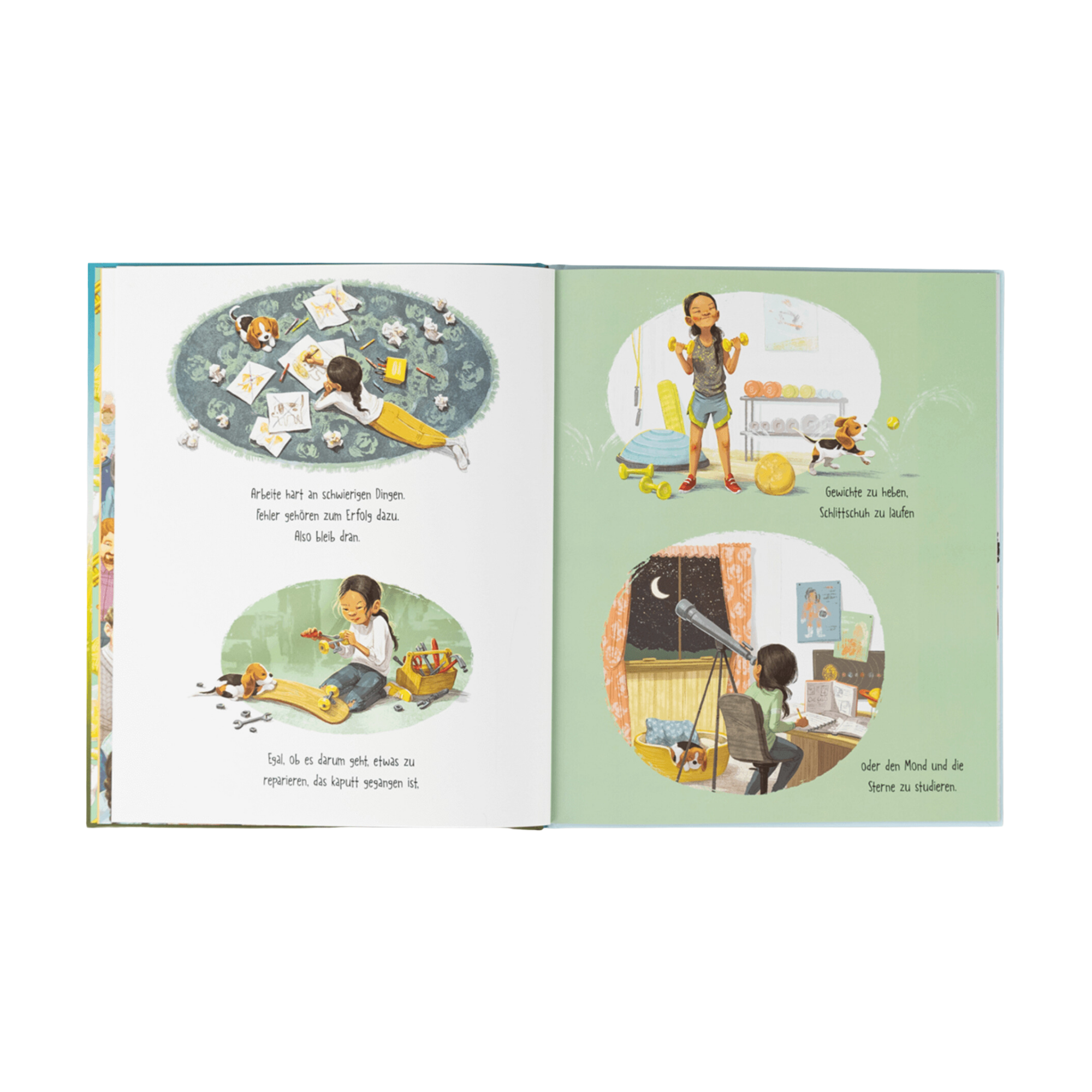 „Das Paket für starke Mädchen“ von Zuckersüß Verlag: Bunte Seiten zeigen ein starkes Mädchen beim Zeichnen, Bauen, Musizieren und Forschen unterm Sternenhimmel – begleitet von ihrem Hund. Jede Szene enthält inspirierenden Text.