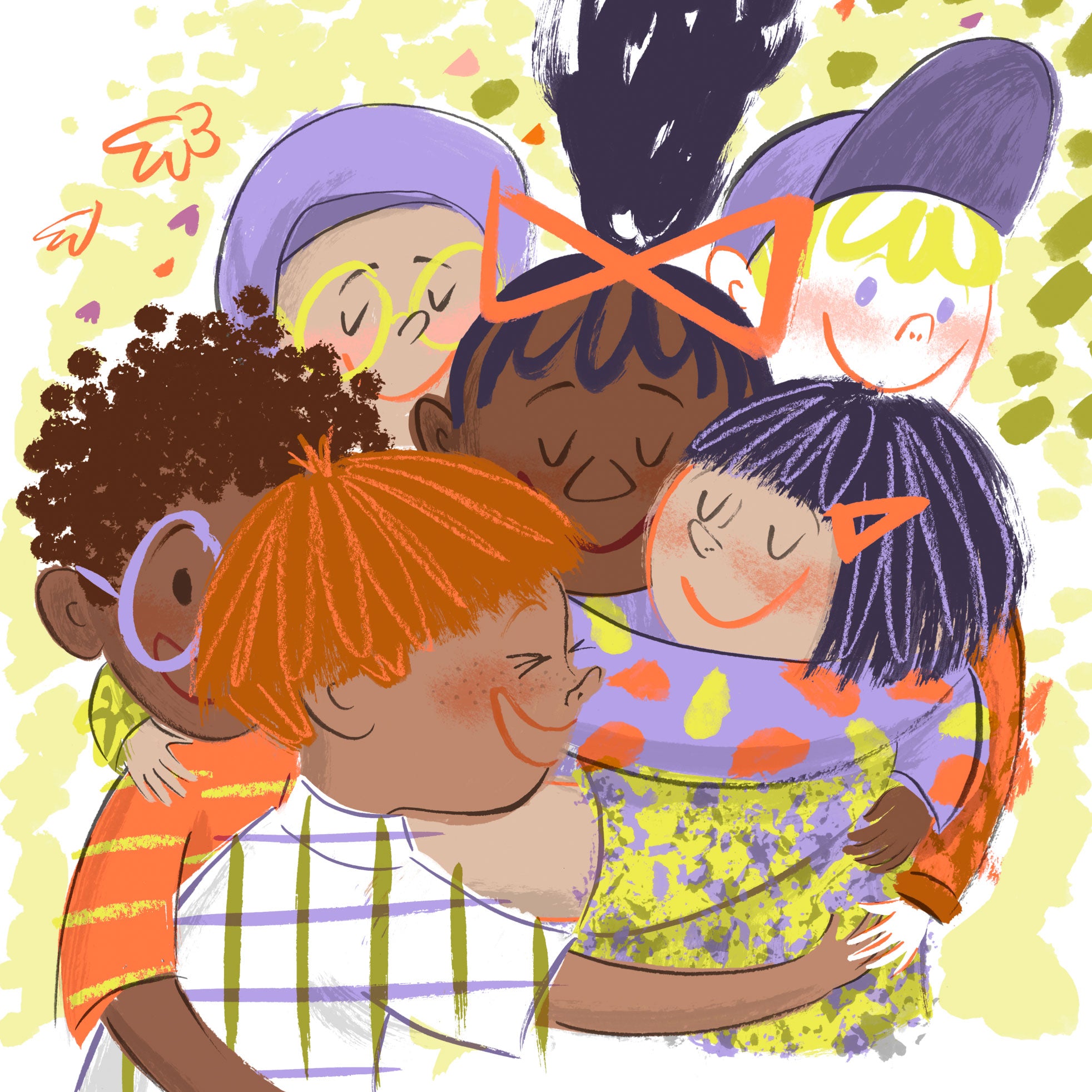 Illustration aus dem Bilderbuch „Das gibt Streit!“: Sechs Kinder mit unterschiedlichen Hauttönen und Frisuren umarmen sich herzlich. Mit geschlossenen Augen und einem Lächeln im Gesicht strahlen sie Versöhnung, Freundschaft und Freude.
