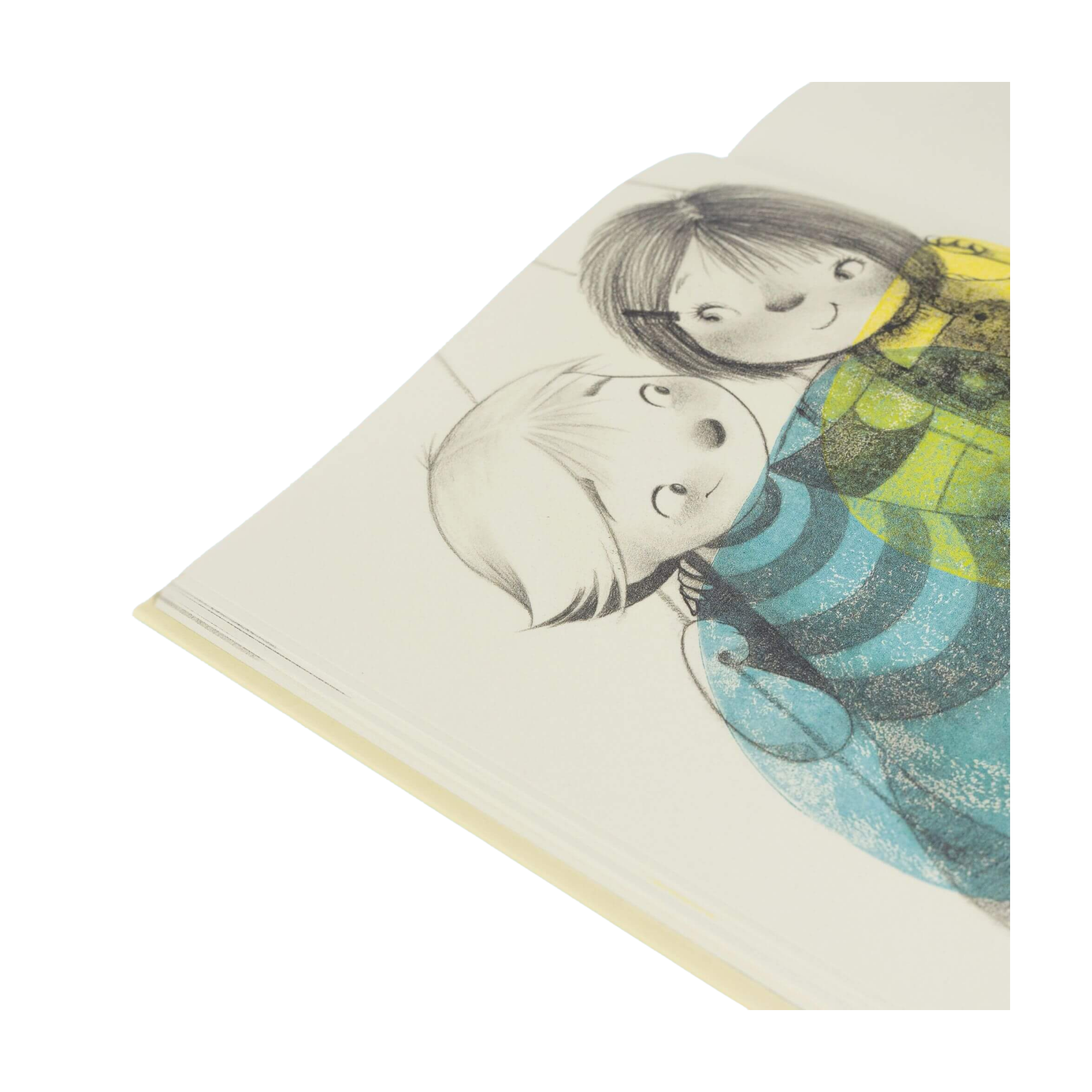 Ein aufgeschlagenes Exemplar von "Total egal" von Julie Fogliano zeigt zwei lächelnde Kinder - eines mit hellen und eines mit dunklen Haaren - in bunten Pullovern vor einem weißen Hintergrund.