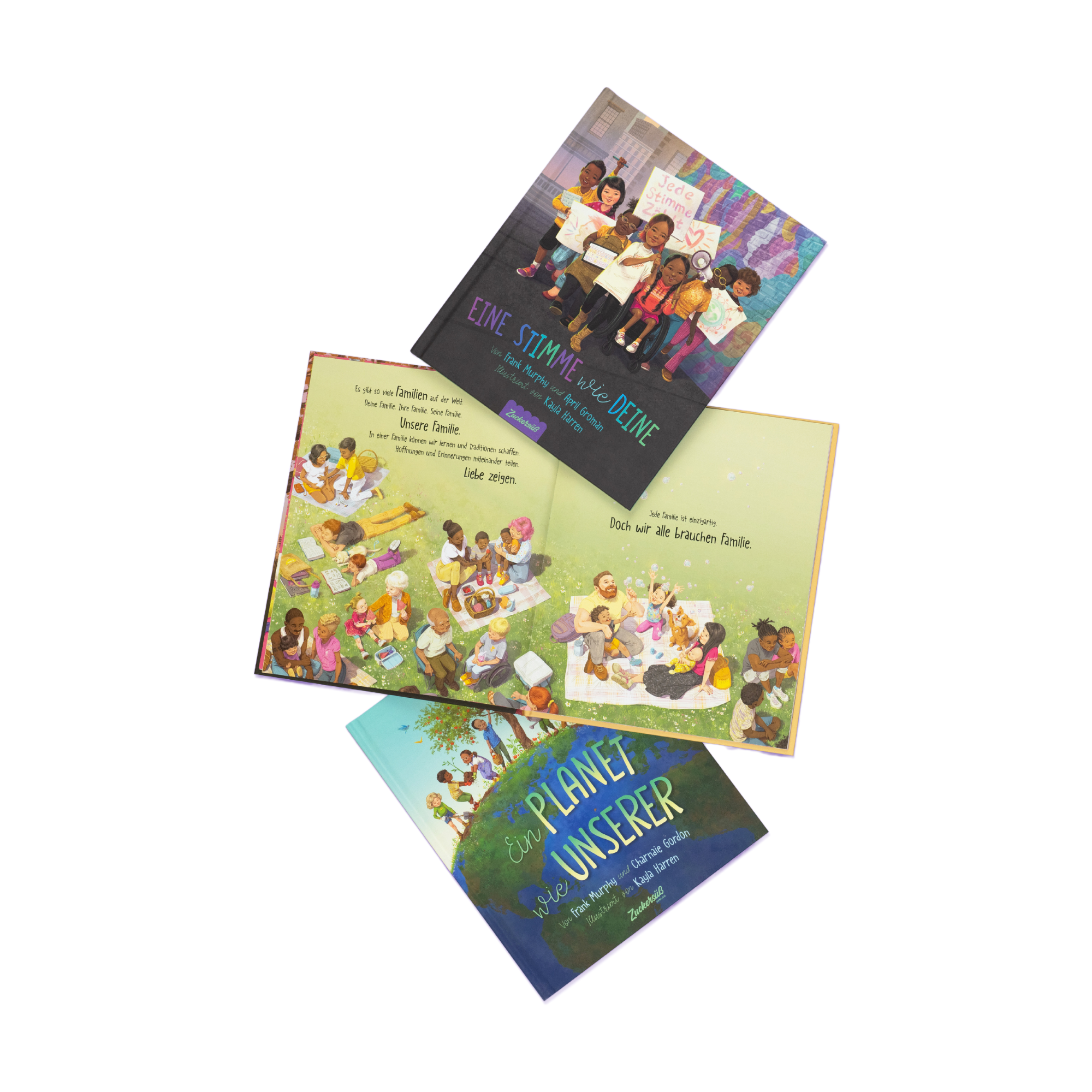 Das "Welt verändern Starter Pack" vom Zuckersüß Verlag enthält drei bunte Kinderbücher mit illustrierten Covern, die Vielfalt zeigen und mit Texten wichtige Werte vermitteln - für eine bessere Welt.