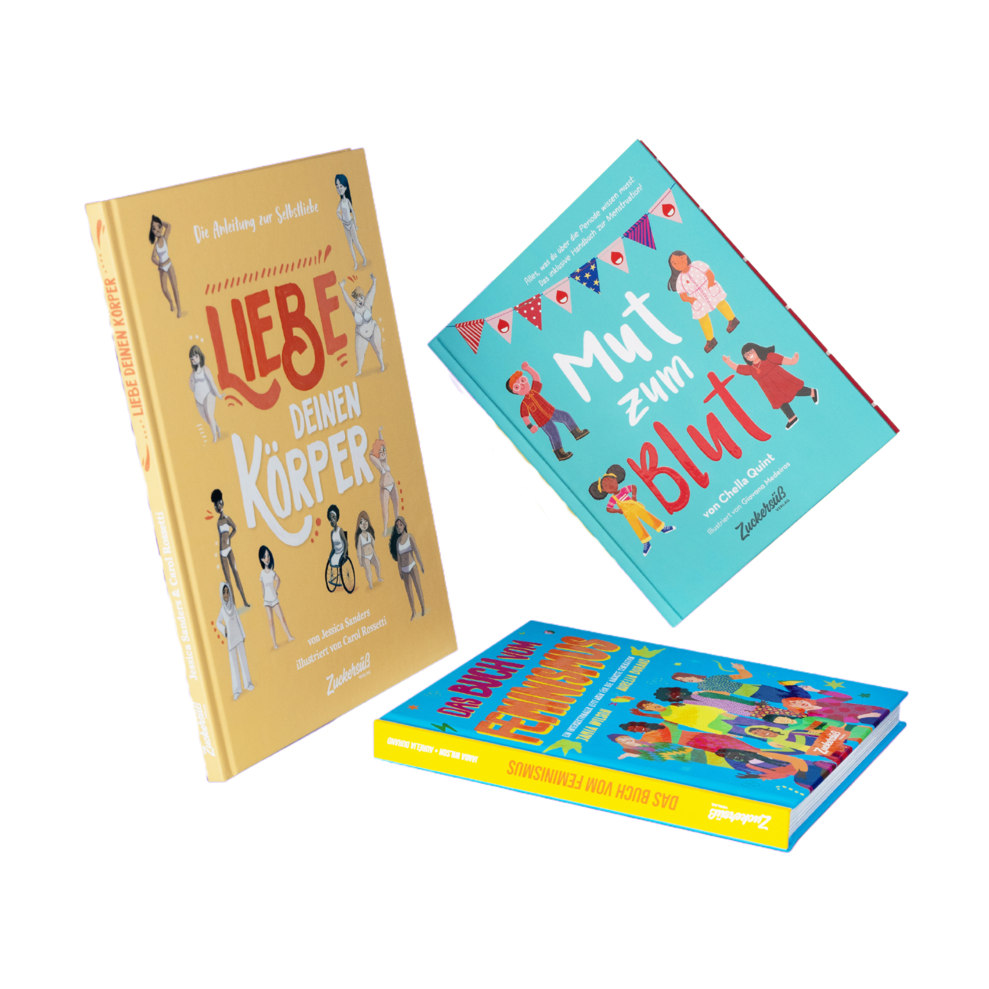 Das Young Feminist Starter Pack aus dem Zuckersüß Verlag enthält drei Kinderbücher: "Liebe deinen Körper", "Mut zum Blut" und "Das Buch vom Feminismus" -, die mit unterschiedlich illustrierten Einbänden zum Empowerment anregen.
