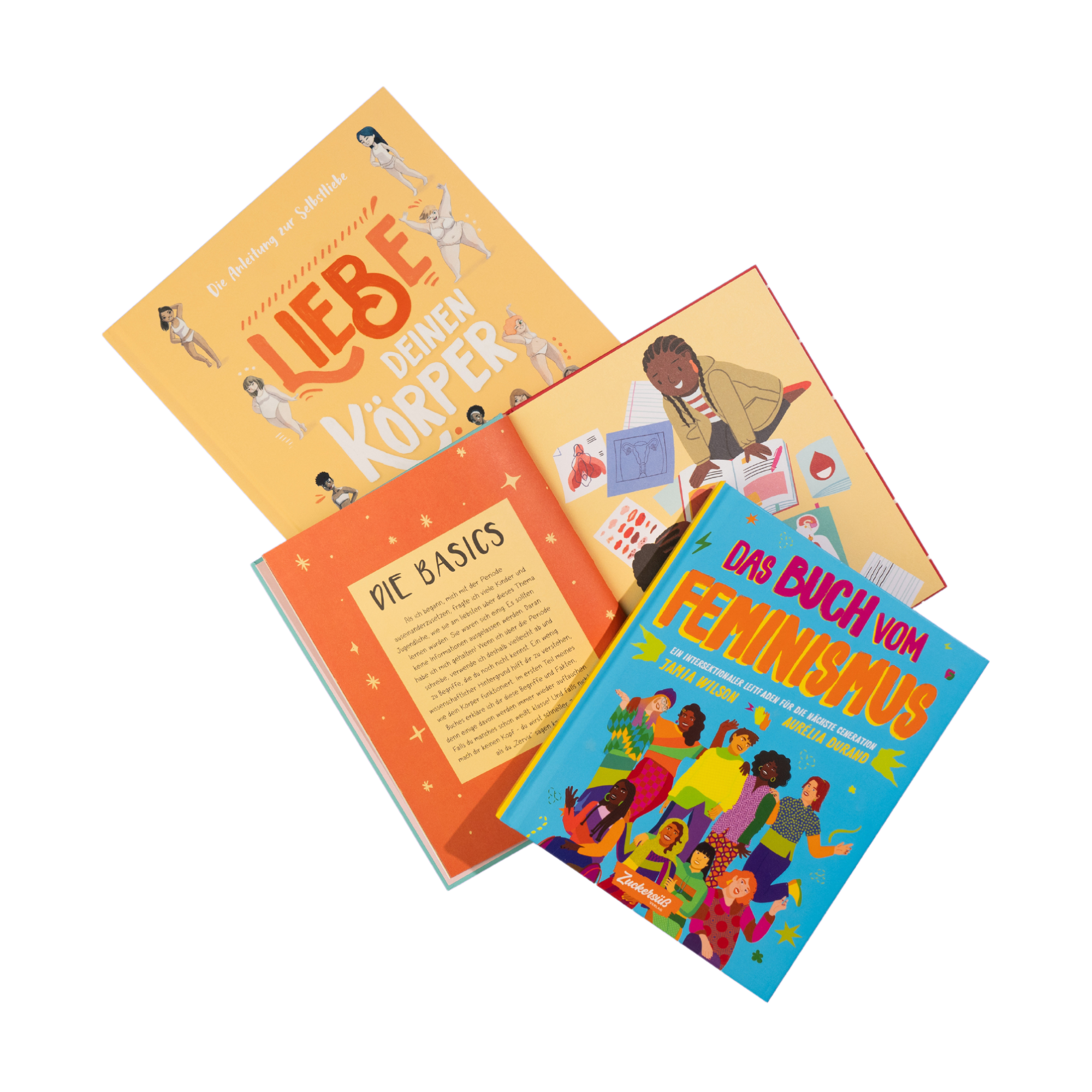 Das "Young Feminist Starter Pack" aus dem Zuckersüß Verlag enthält drei Kinderbücher: "Liebe Deinen Körper", "Das Buch vom Feminismus" und "Mut zum Blut". Perfekt, um junge Leser*innen über feministische Themen aufzuklären.