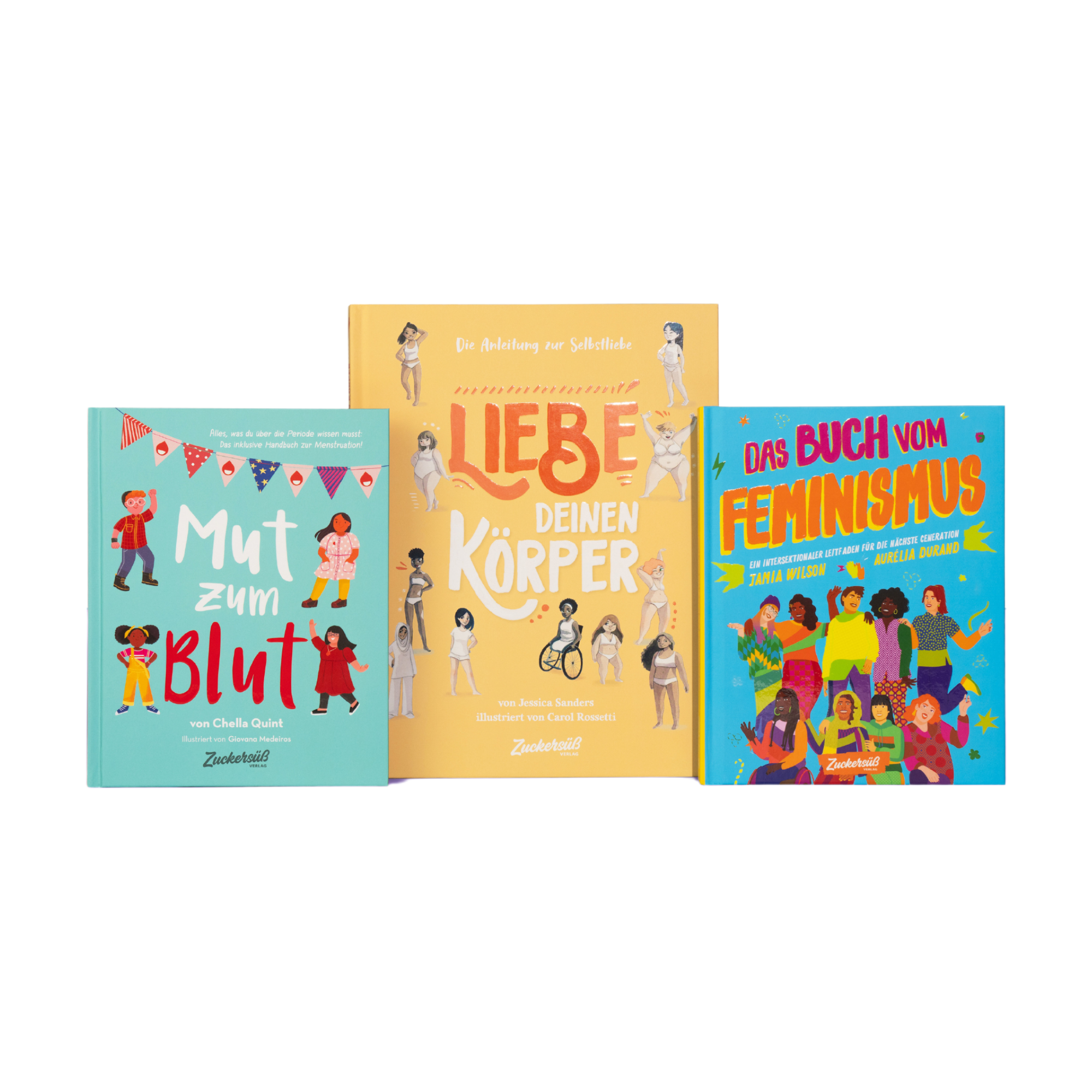 Das Young Feminist Starter Pack des Zuckersüß Verlags enthält drei Bücher für Kinder ab 8 Jahren: "Mut zum Blut", "Liebe deinen Körper" und "Das Buch vom Feminismus" - alle mit bunt illustrierten Covern.