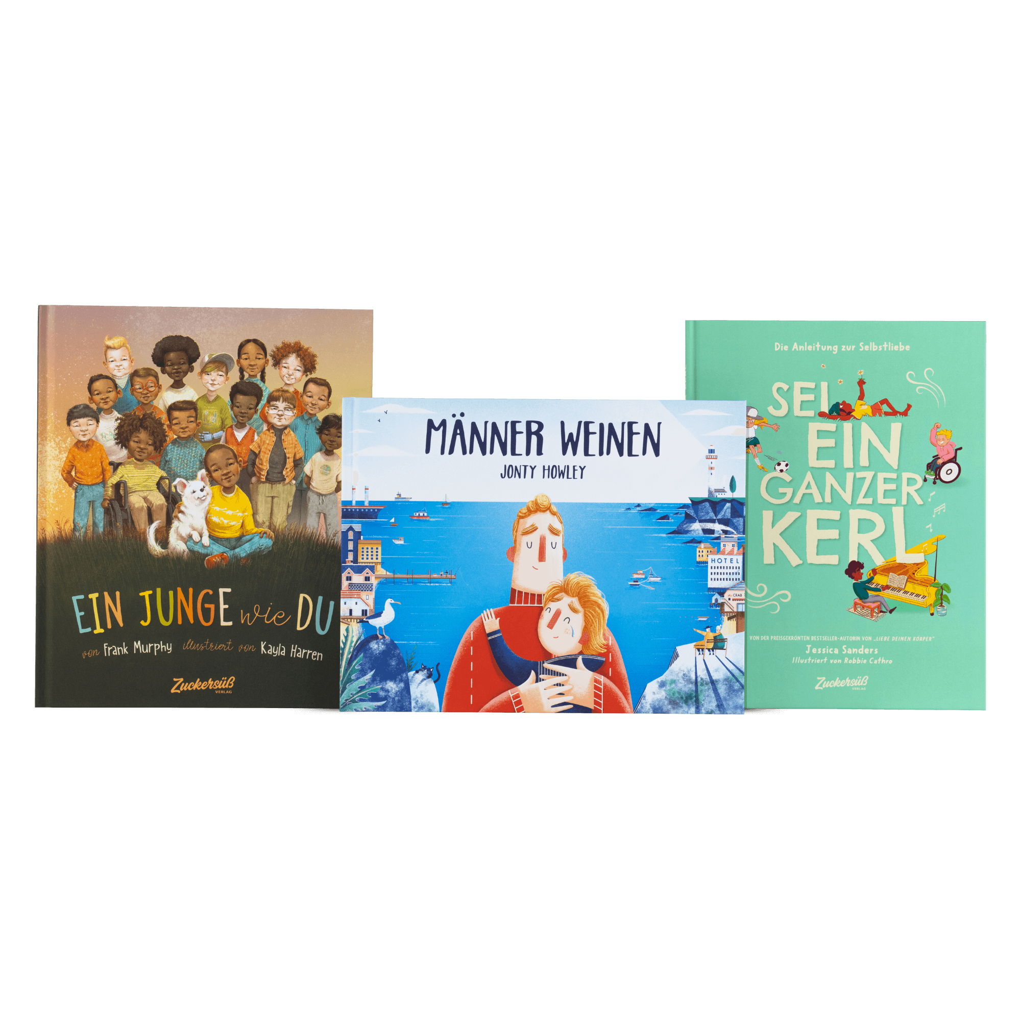 Drei Kinderbücher stehen nebeneinander aufrecht vor gelbem Hintergrund. Links: „Ein Junge wie du“ mit einer Gruppe verschiedener lachender Jungen und einem weißen Hund auf dem Cover. In der Mitte: „Männer weinen“ von Jonty Howley mit einer Illustration eines Jungen in einer Hafenstadt. Rechts: „Sei ein ganzer Kerl“ mit grünem Einband und kleinen gezeichneten Szenen von Kindern beim Spielen, Musizieren und Skateboardfahren.