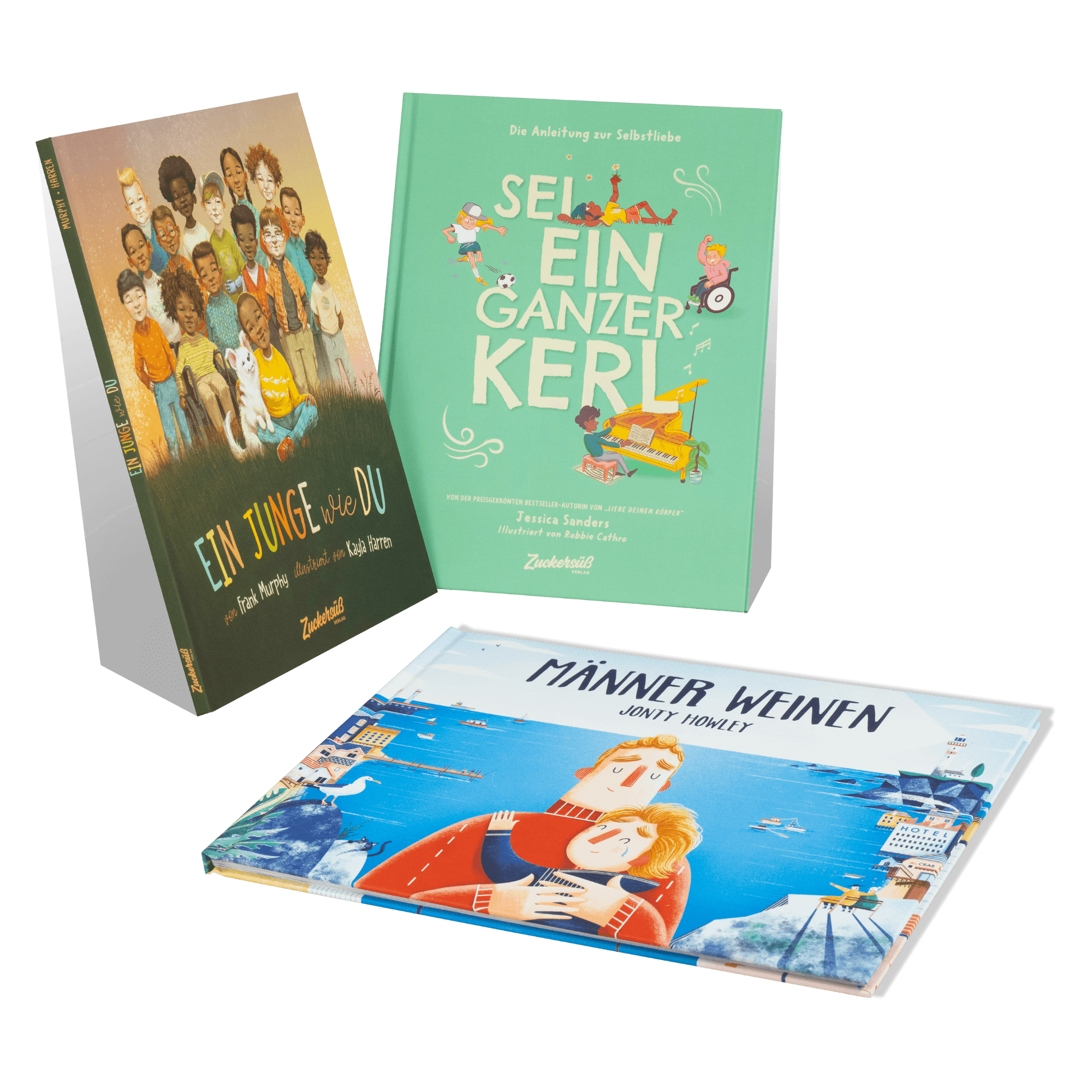 Drei Kinderbücher aus dem Zuckersüß Verlag stehen und liegen auf hellem Hintergrund. Links steht „Ein Junge wie du“ mit einer Gruppe unterschiedlicher Jungen und einem weißen Hund auf dem Cover. Daneben steht das Buch „Sei ein ganzer Kerl“ mit mintgrünem Einband und kleinen Illustrationen von spielenden und musizierenden Kindern. Vorn liegt „Männer weinen“ von Jonty Howley, das eine Umarmung vor maritimer Kulisse zeigt.