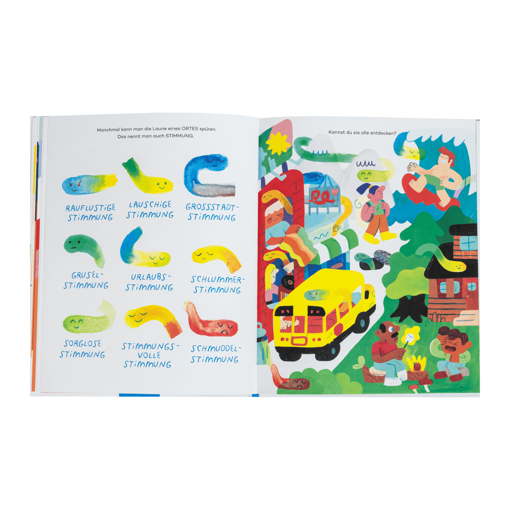 Eine Doppelseite aus dem Bilderbuch „Unsichtbare Dinge“ von Andy J. Pizza und Sophie Miller zeigt links bunte Stimmungskreaturen mit Beschriftungen wie „Grusel-Stimmung“ oder „Urlaubs-Stimmung“. Rechts eine lebhafte Szene mit gelbem Schulbus, Menschen, Tieren und Natur.