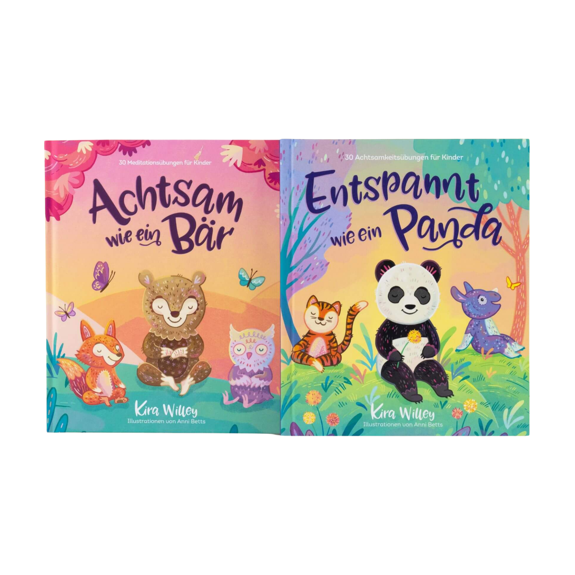 Der "Achtsamkeit im Doppelpack" des Zuckersüß Verlags enthält zwei Kinderbücher zur inneren Ruhe mit Tiermotiven, beide von Kira Willey - "Achtsam wie ein Bär" und "Entspannt wie ein Panda".