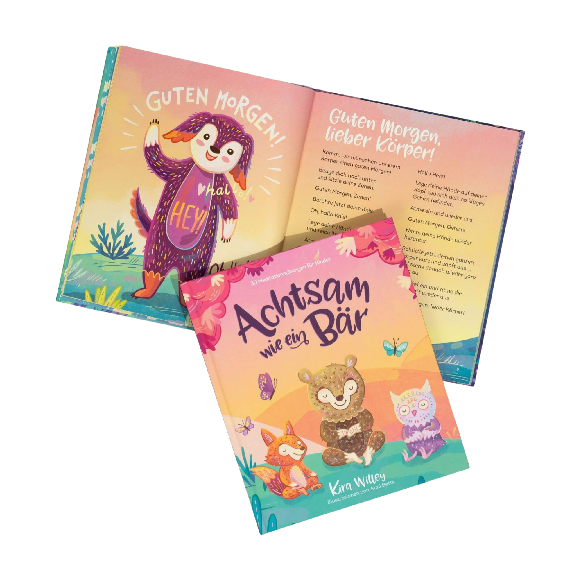 Zwei farbenfrohe Kinderbücher aus dem Zuckersüß Verlag mit dem Titel "Achtsamkeit im Doppelpack" werden gezeigt - ein geschlossenes und ein geöffnetes mit einem illustrierten Bären, der mit "Guten Morgen, lieber Körper!" durch einfache Meditationsübungen zur inneren Ruhe anleitet.