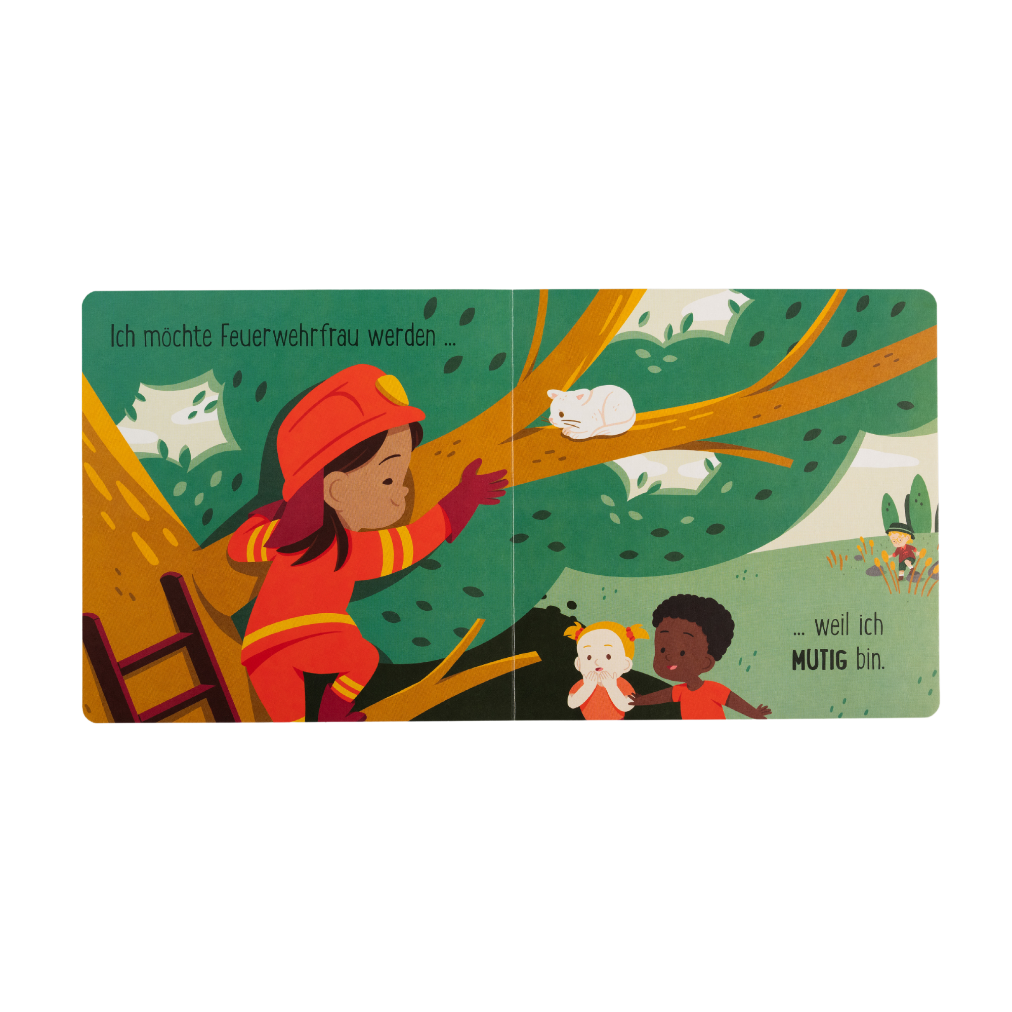 Das Pappbilderbuch "Berufe sind für alle da!" von Susann Hoffmann zeigt ein Kind im Feuerwehr-Outfit, das eine weiße Katze rettet. Zwei Kinder schauen zu. Mit dem Text: "Ich möchte Feuerwehrfrau werden ... weil ich MUTIG bin."