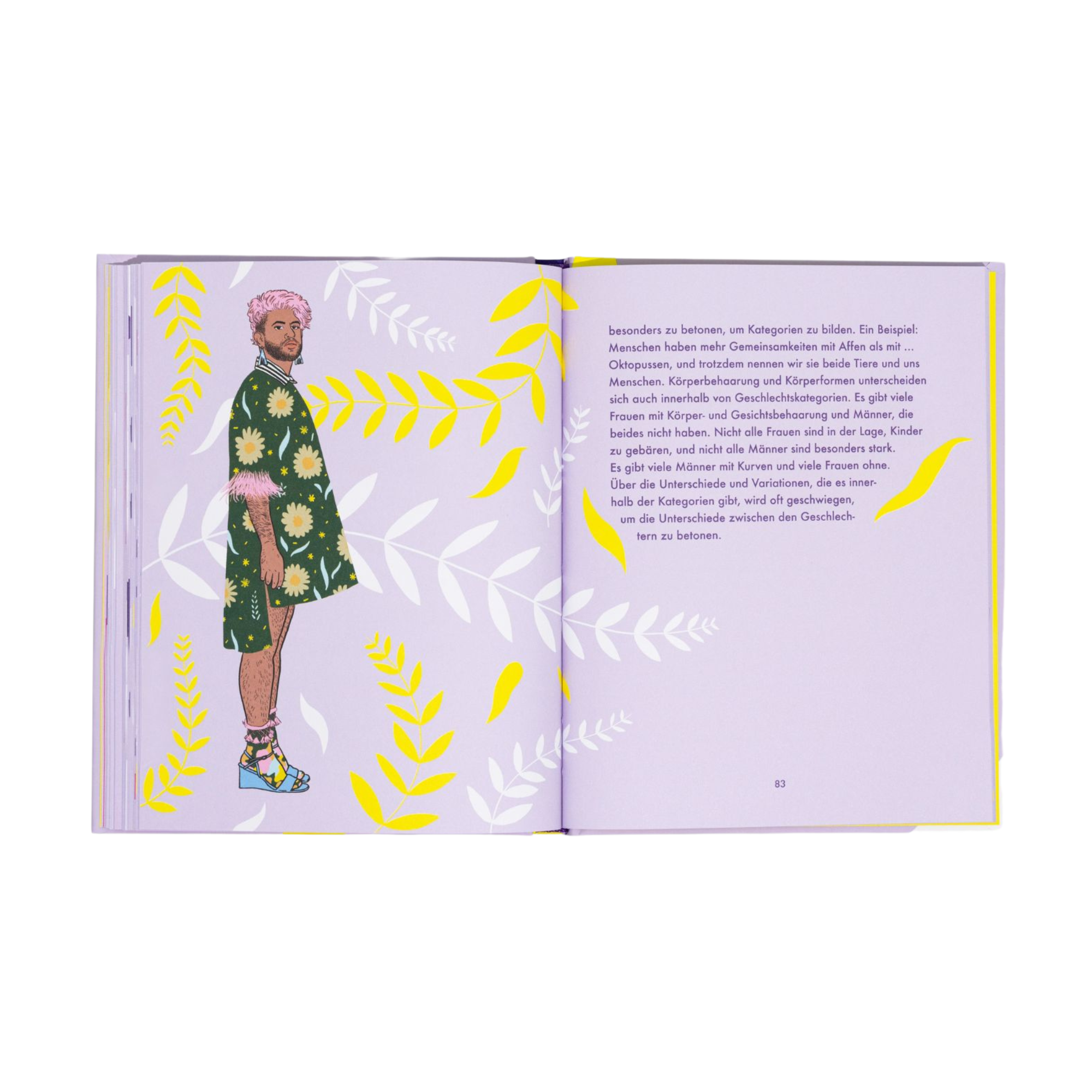 Eine Doppelseite aus "Mehr als binär" von Alok Vaid-Menon zeigt eine bärtige, geschlechtsuntypische Person in einem grünen Kleid mit gelben Blumen, einem rosa Hut und bunten Sandalen auf einem violetten Hintergrund mit Blattmustern. Der Text erscheint auf der rechten Seite.