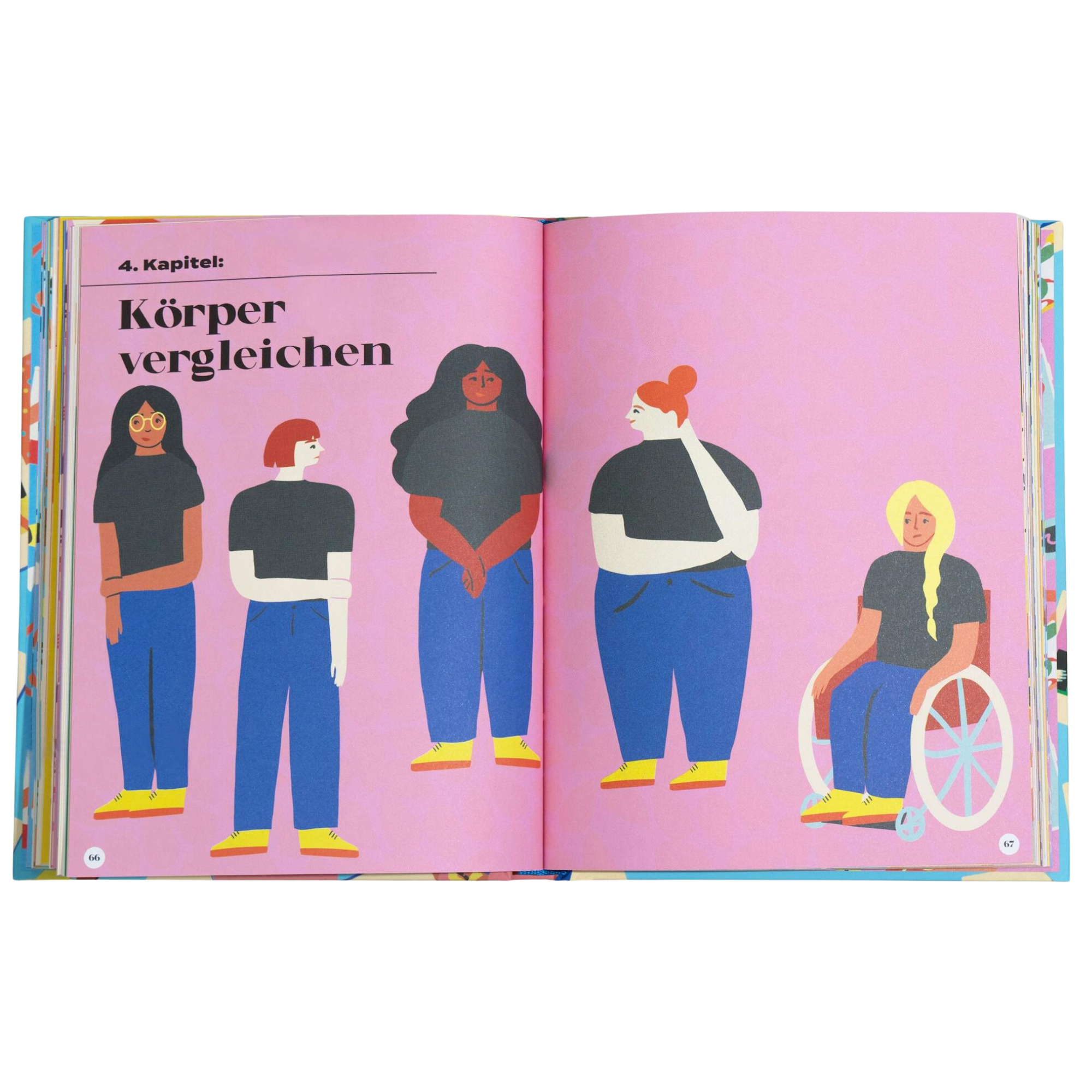 Illustration aus dem Buch „Das Body Confidence Buch“ von Prof. Dr. Phillippa Diedrichs. Fünf unterschiedlich dargestellte Frauen, darunter eine Person im Rollstuhl, stehen vor rosa Hintergrund unter der Kapitelüberschrift „4. Kapitel: Körper vergleichen“. Die Szene betont Vielfalt in Körperformen, Hautfarben und Erscheinungsbildern.