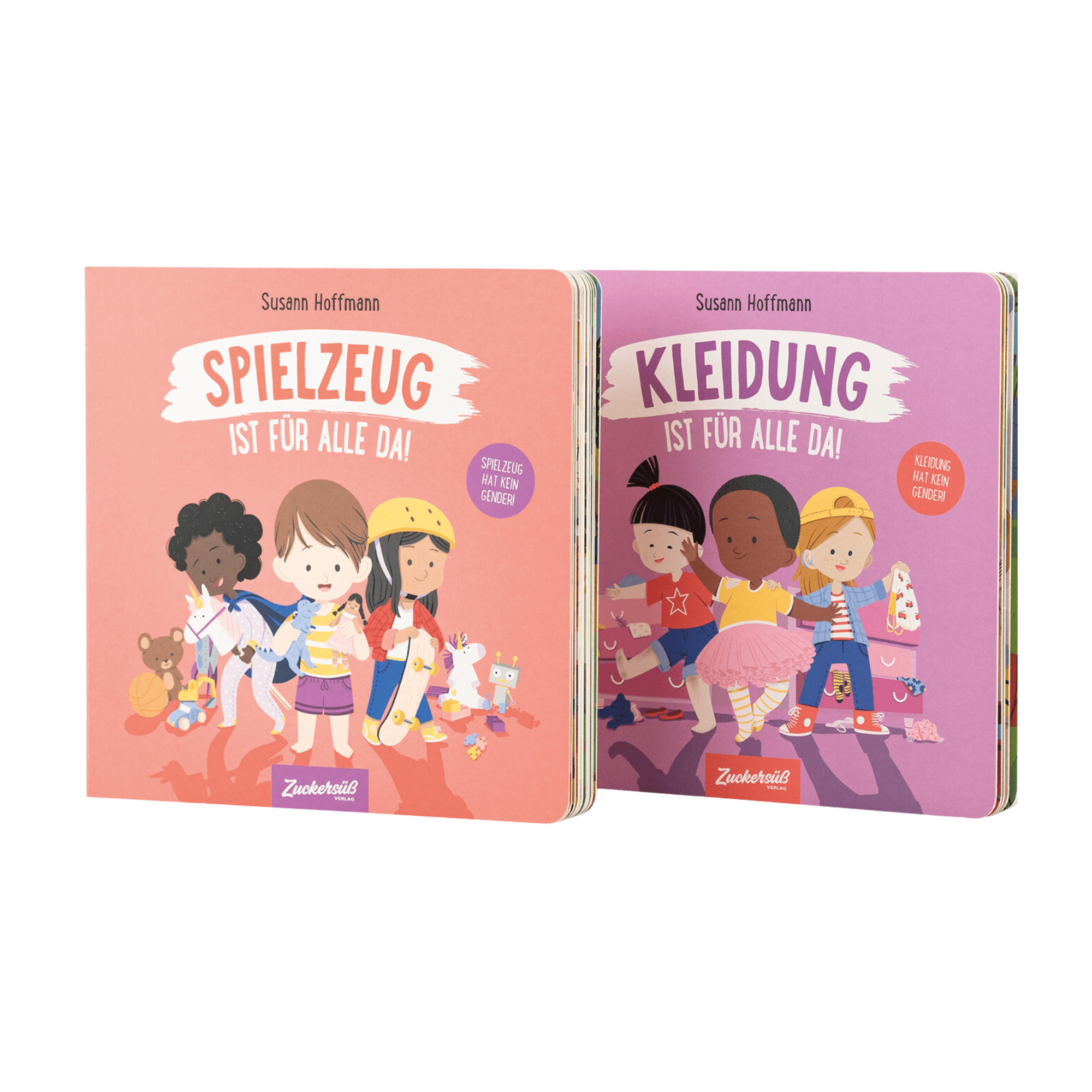 Die beiden Bücher des Zuckersüß Verlags "Spielzeug ist für alle da" und "Kleidung ist für alle da" zeigen auf ihren Covern unterschiedliche Kinder und stellen spielerisch Geschlechterklischees in Frage.