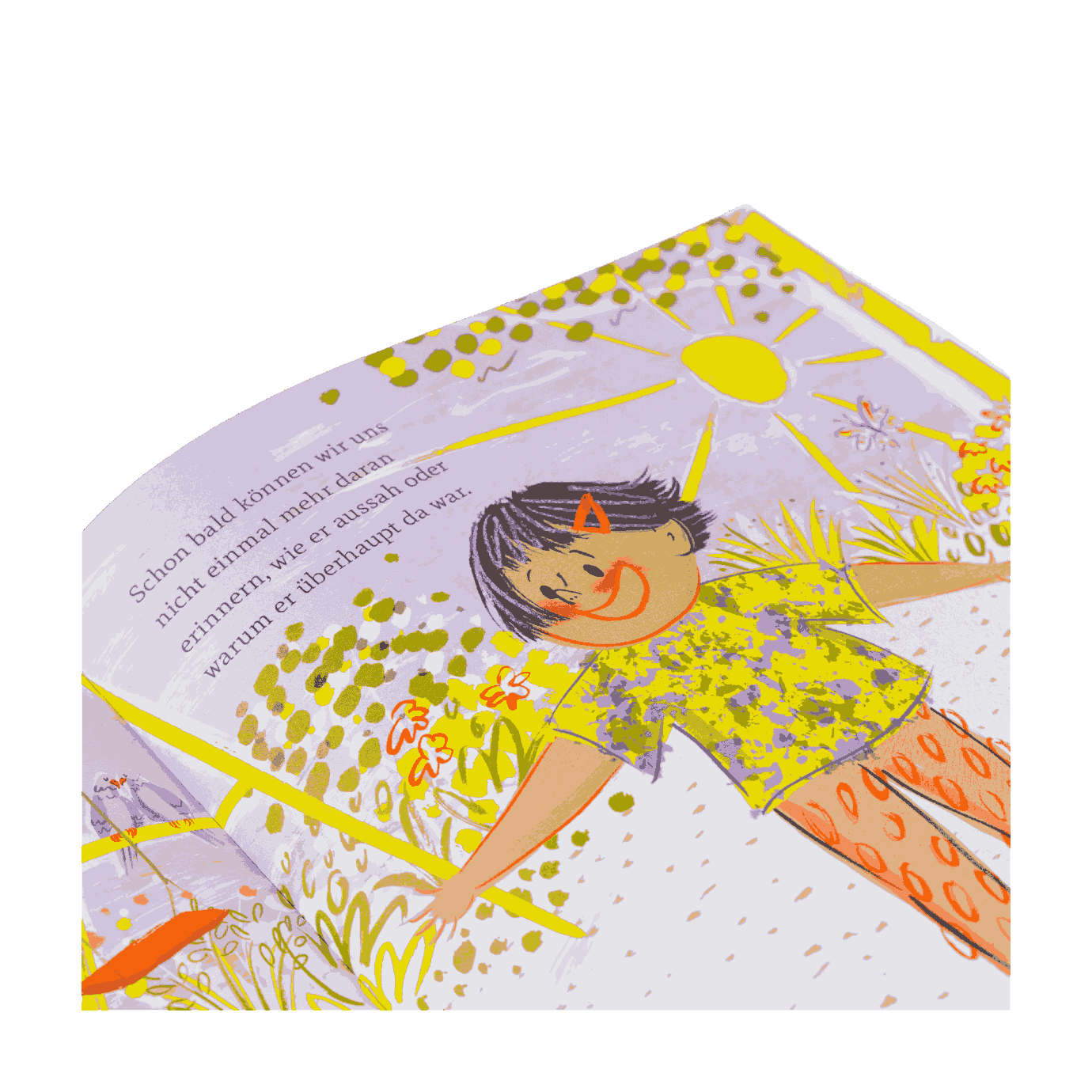 Eine Illustration aus dem Bilderbuch „Das gibt Streit!“ von Joseph Coelho und Allison Colpoys zeigt ein fröhlich lächelndes Kind mit kurzem dunklem Haar, orangener Hose und gelbem Shirt, das unter einer strahlenden Sonne zwischen Blumen und Pflanzen steht. Links ist ein Text über Streit auf dem Spielplatz zu lesen