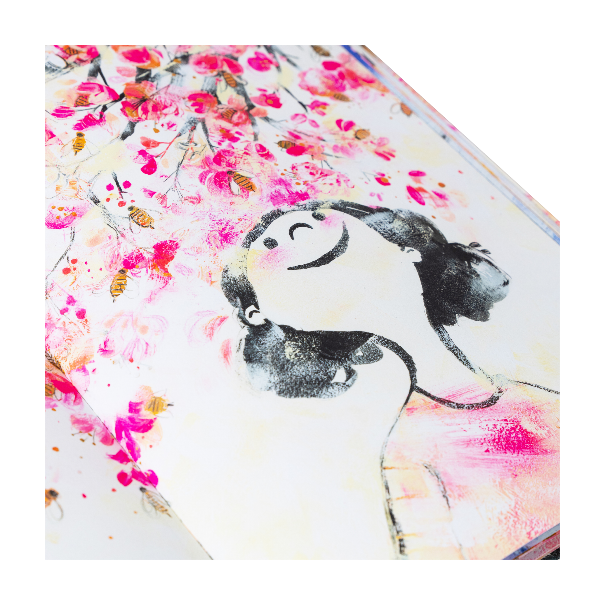 Illustrierte Seite aus "Der Baum in mir" von Corinna Luyken, die ein lächelndes Mädchen zeigt, das zu rosafarbenen Blumen aufblickt, umgeben von leuchtenden Pinselstrichen in Rosa, Rot und Orange.