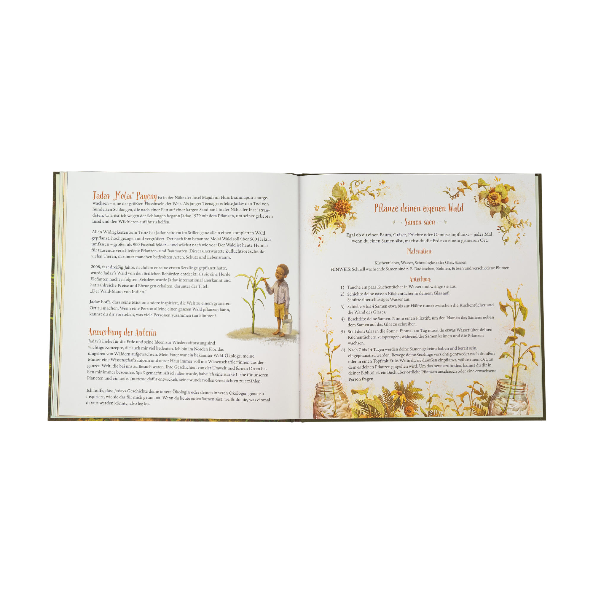 Ein aufgeschlagenes Kinderbuch, "Der Junge, der einen Wald pflanzte" von Sophia Gholz. Die rechte Seite ist blumengeschmückt, die linke zeigt ein Kind neben einer hohen Pflanze im Regenwald mit Text auf beiden Seiten.
