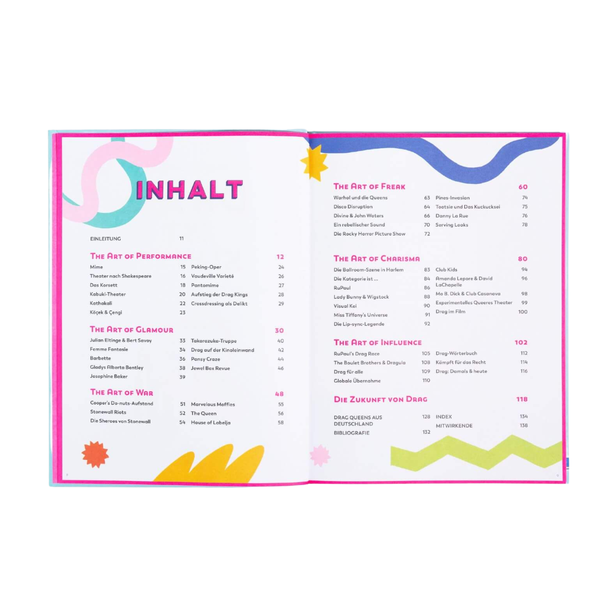 Ein aufgeschlagenes Buch, "Drag ist Kunst" von Jake Hall, zeigt ein lebendiges Inhaltsverzeichnis mit verspielten Formen und leuchtenden Farben. Abschnitte wie "Art of Performance" und "Future of Drag" heben das Charisma und den Einfluss von Drag Queens hervor.