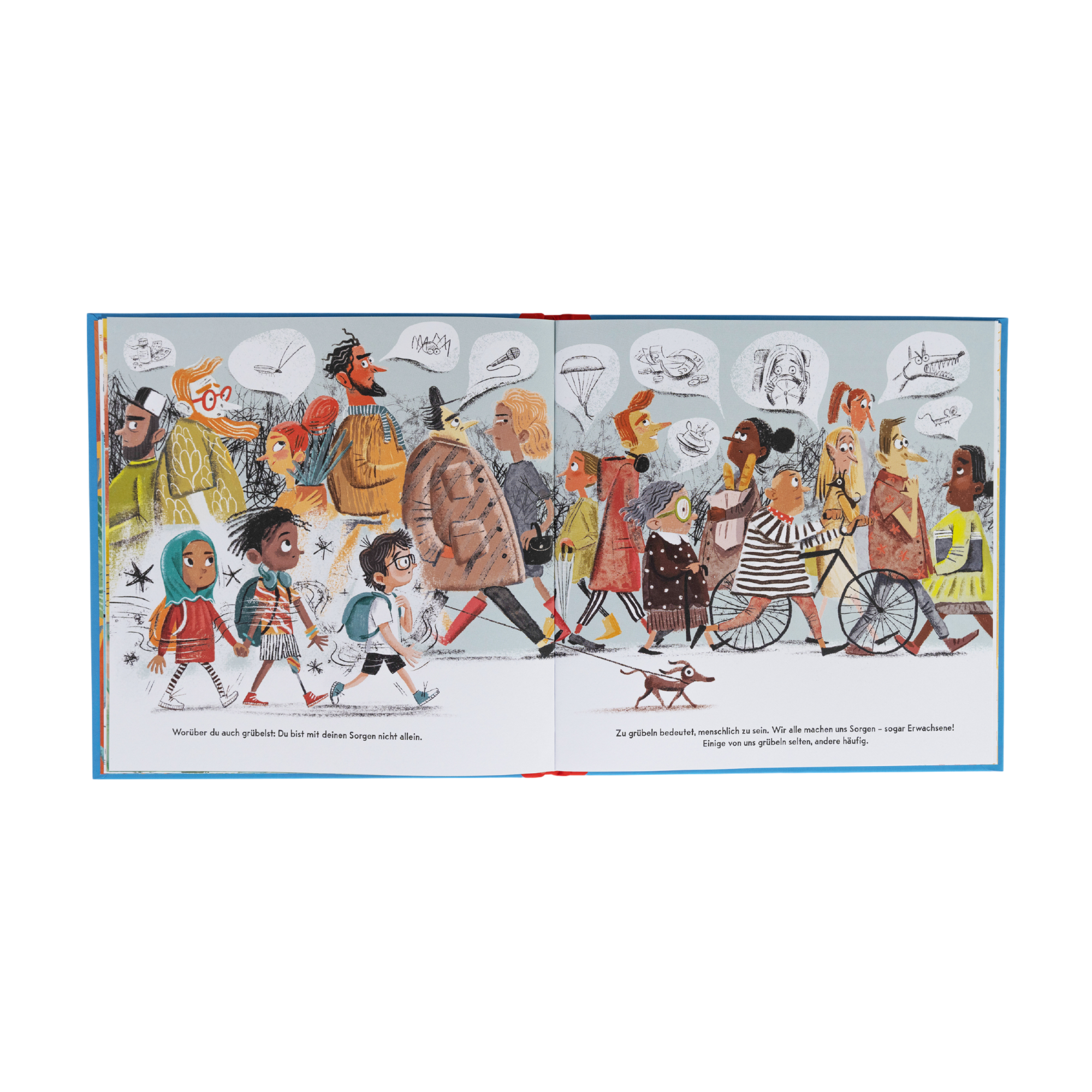 In "Du schaffst das!" von Jessica Sanders geht eine bunt gemischte Gruppe gemeinsam spazieren, einige mit Haustieren oder Gegenständen. Gedankenblasen zeigen ihre Träume und Ideen, während ein inspirierender Text am unteren Rand jeder Seite die jungen Leser ermutigt.