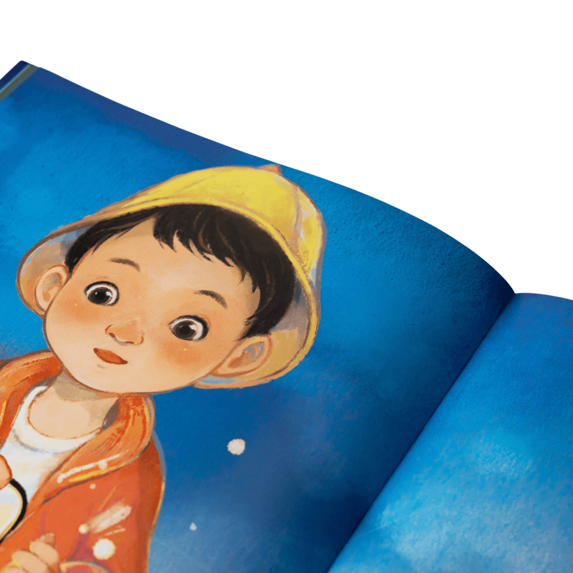 Illustration eines kleinen Kindes mit gelbem Hut und orangefarbener Jacke auf blauem Hintergrund aus "Du machst die Welt besser" vom Zuckersüß Verlag, ein poetisches Bilderbuch voller Zuversicht.