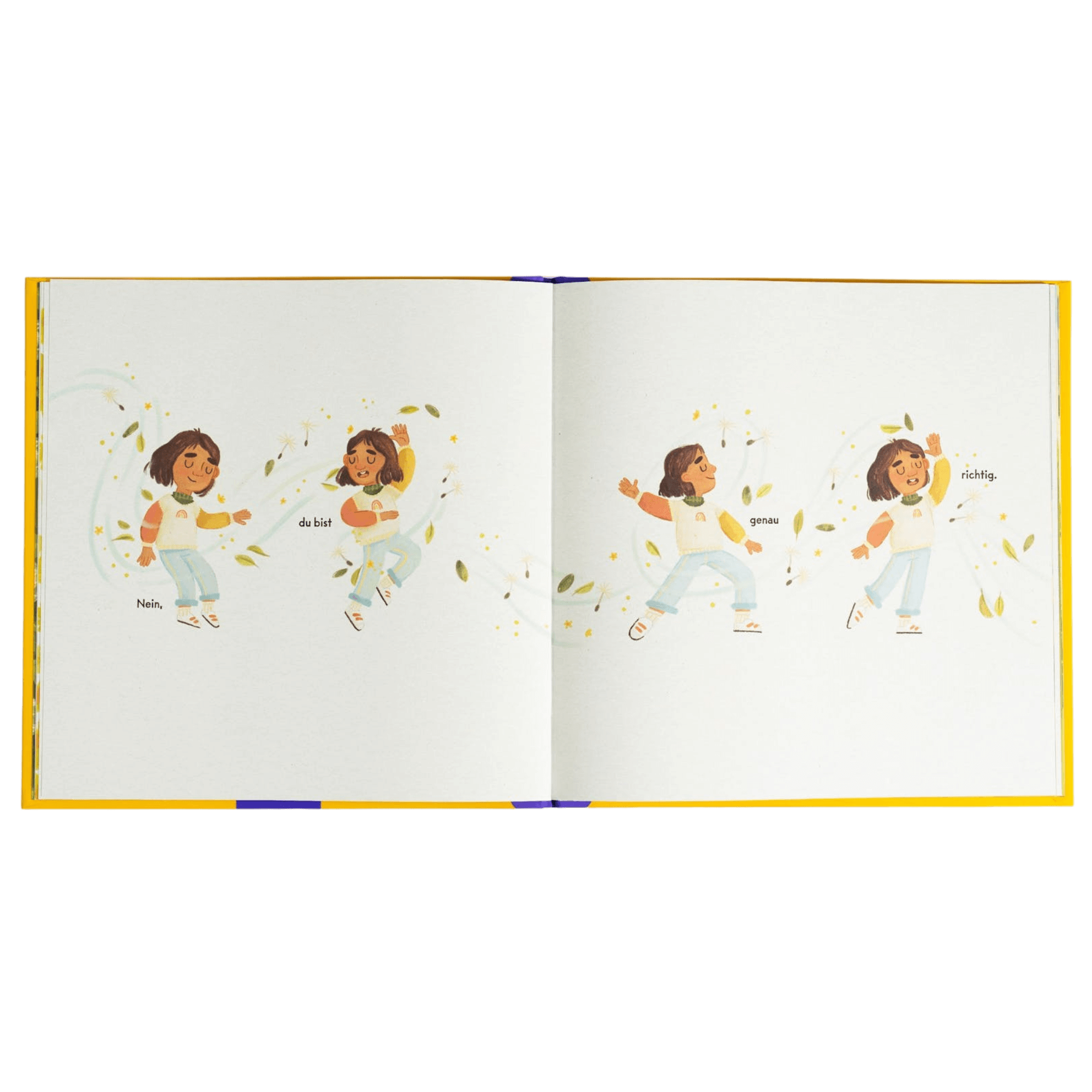 Eine Illustration aus "Ich bin genau richtig" von Jessica Sanders zeigt ein Mädchen in vier Posen mit wirbelnden Blättern und den Worten "Nada do but gonna nothing". Verspielte, unbeschwerte Bilder feiern die Selbstliebe auf weißem Hintergrund.