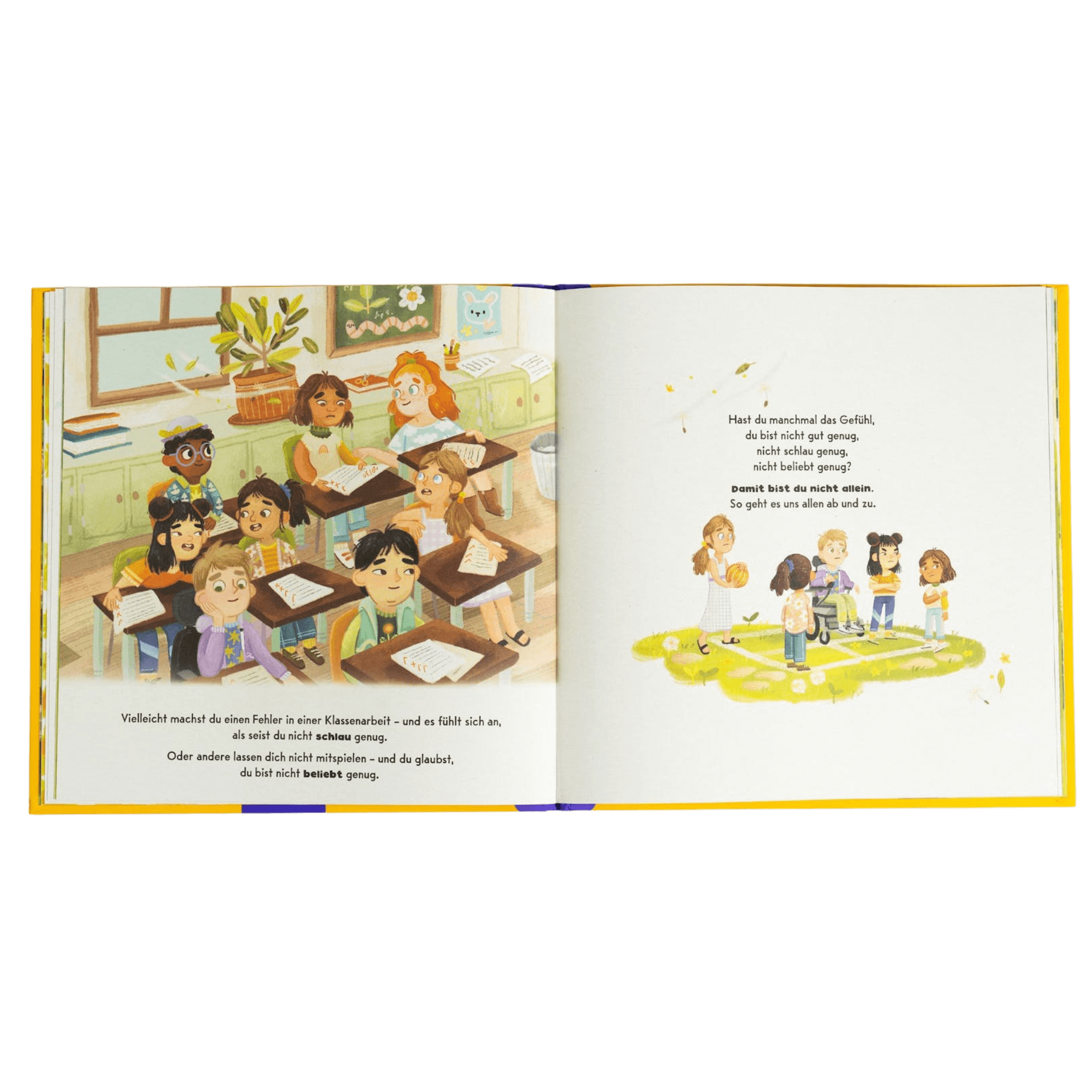 Die aufgeschlagenen Seiten von "Ich bin genau richtig" von Jessica Sanders zeigen links ein illustriertes Klassenzimmer mit verschiedenen Schülern und rechts vier Kinder, die sich auf einer Wiese unterhalten, und über jeder Szene steht ein deutscher Text über Selbstliebe.