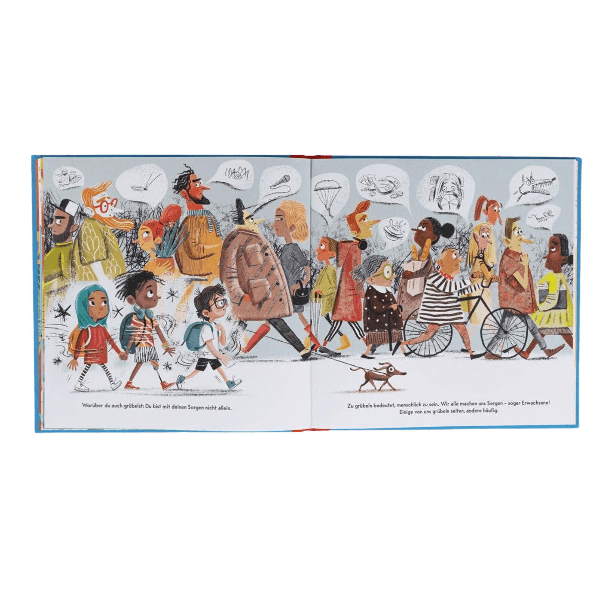 Eine Doppelseite aus dem illustrierten Kinderbuch „Du schaffst das“ im „School Starter Pack“ des Zuckersüß Verlags zeigt viele verschiedene Menschen in einer Straßenszene. Einige wirken ruhig, andere zeigen besorgte Mimik. Über ihren Köpfen sind skizzierte Gedankenwolken mit Sorgenmotiven zu sehen. Der Text auf Deutsch vermittelt, dass Sorgen normal sind – auch bei Erwachsenen – und ermutigt zum Mitgefühl.