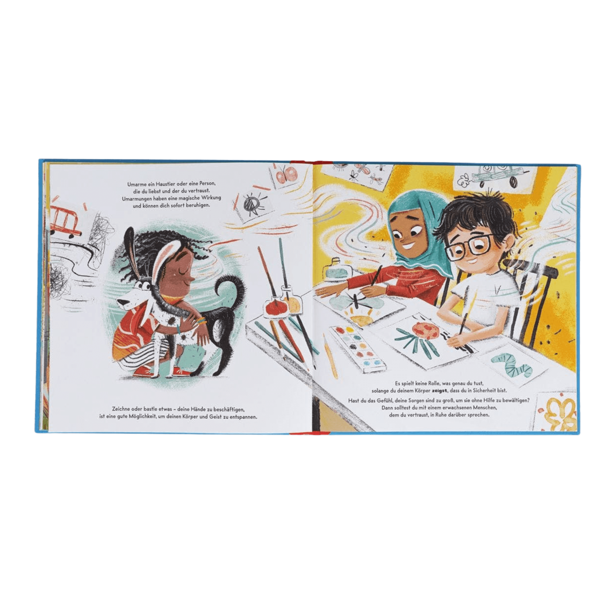 Eine illustrierte Kinderbuchseite aus dem Zuckersüß Verlag zeigt ein Kind, das ein Haustier umarmt, und zwei andere Kinder, die mit Wasserfarben an einem Tisch malen. Die Szene wirkt ruhig und freundlich.