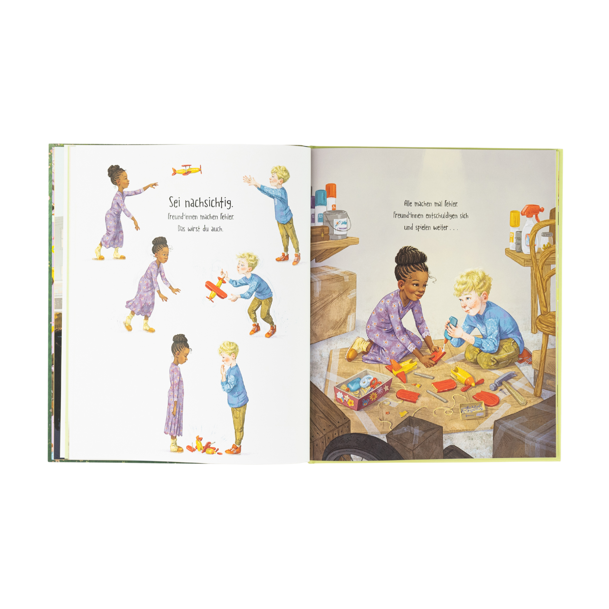 Im illustrierten Kinderbuch "Ein*e Freund*in wie du" von Frank Murphy & Charnaie Gordon teilen zwei Kinder ein Flugzeug, entschuldigen sich, während rechts drei gemeinsam spielen. Text begleitet die Bilder.