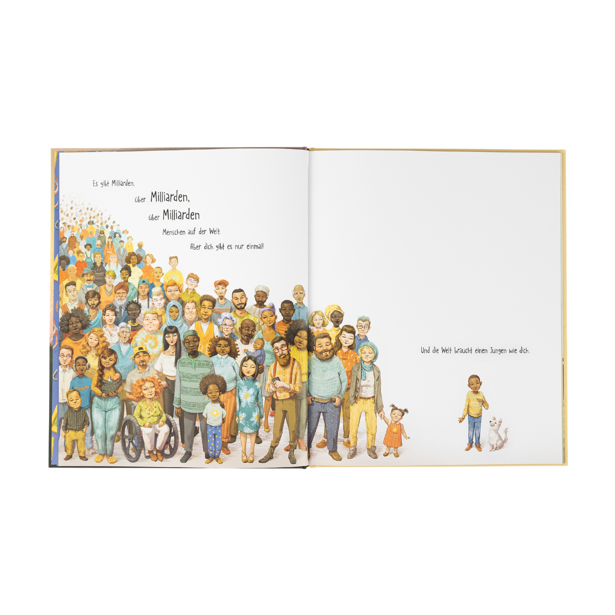 Eine Doppelseite aus dem Kinderbuch „Ein Junge wie du“ von Frank Murphy zeigt links eine große, vielfältige Gruppe von Menschen unterschiedlichen Alters, Aussehens und Hintergrunds – darunter auch ein Kind im Rollstuhl. Rechts stehen zwei Kinder mit einem Hund auf einer sonst weißen Fläche. Der Text hebt hervor, dass es Milliarden Menschen gibt – aber nur einen wie dich.