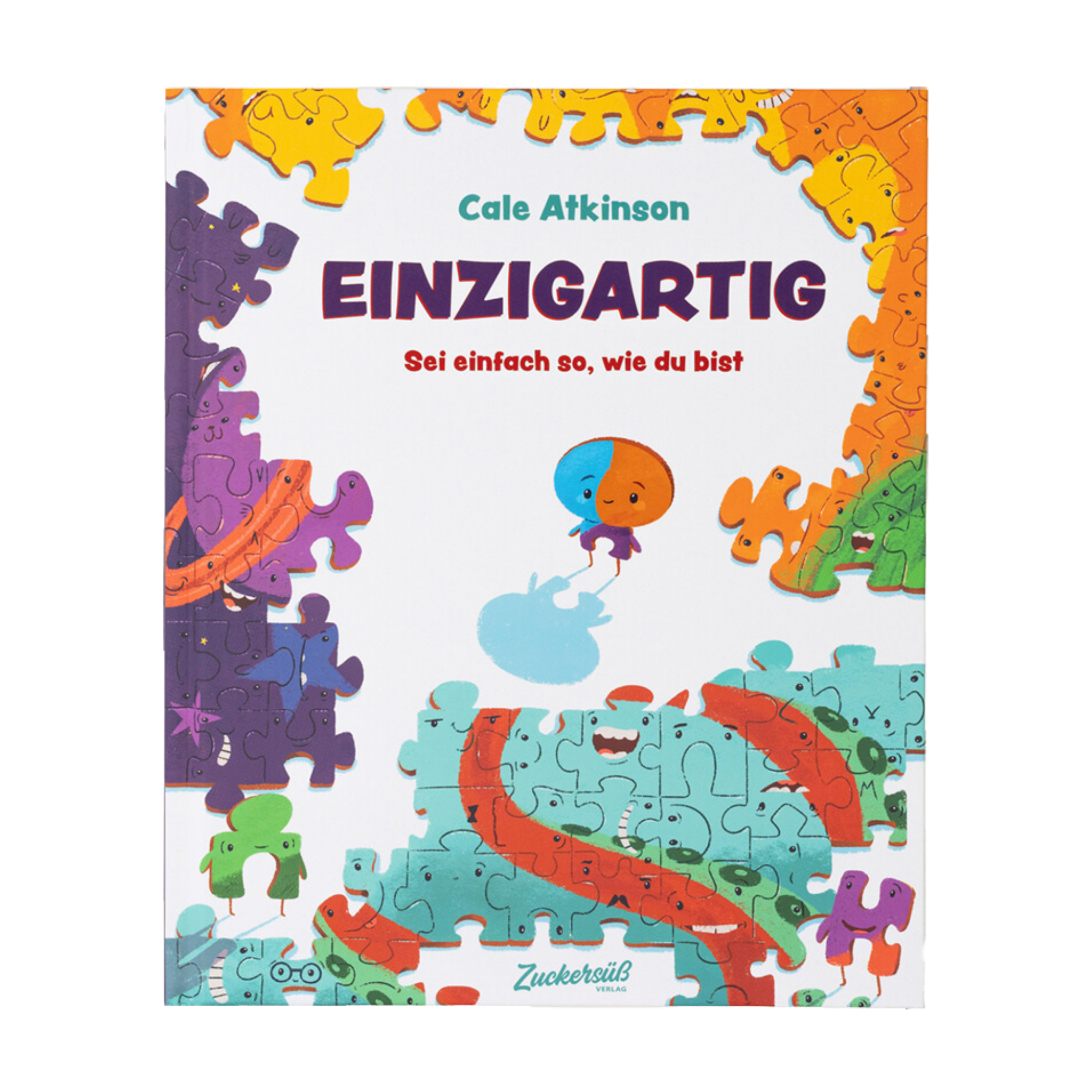 Das Cover von Einzigartig von Cale Atkinson zeigt eine Cartoon-Puzzleszene mit einer blauen Figur und bunten Teilen. Der Untertitel 
