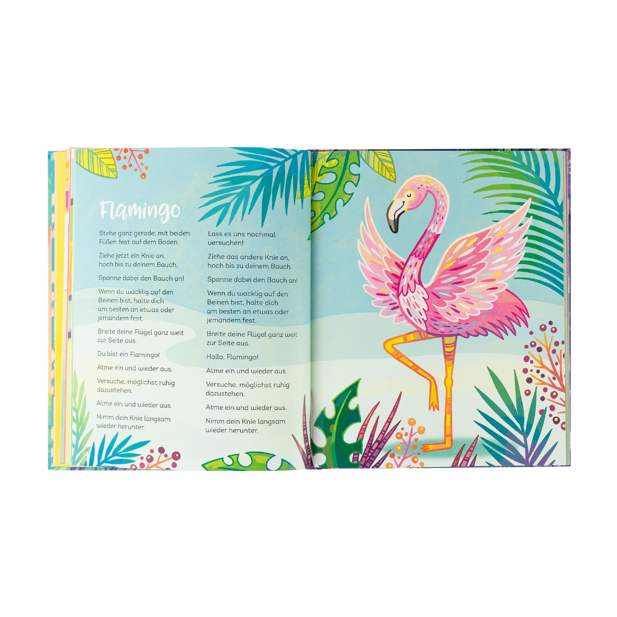 "Entspannt wie ein Panda" von Kira Willey ist ein illustriertes Kinderbuch mit pinkem Flamingo, farbenfrohen Pflanzen und Achtsamkeits-Übungen oder Gedichten, umrahmt von verspielten Blättermotiven.