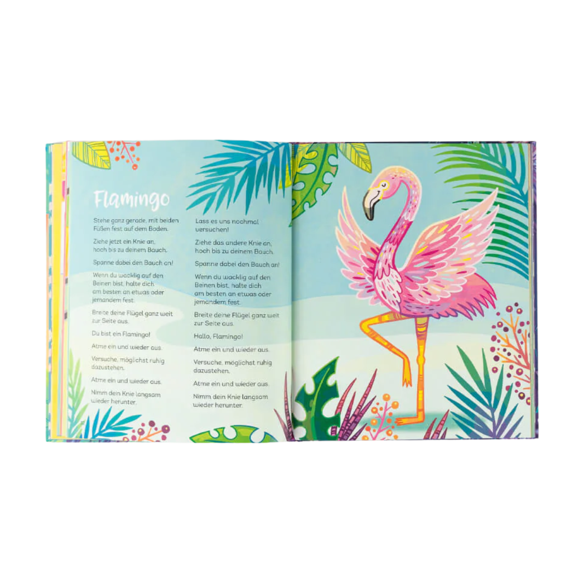Eine Doppelseite aus Kira Willeys "Entspannt wie ein Panda" zeigt einen rosafarbenen Flamingo, der auf einem Bein inmitten tropischer Pflanzen steht, mit deutschem Text auf der linken Seite und der Flamingo-Illustration auf der rechten.