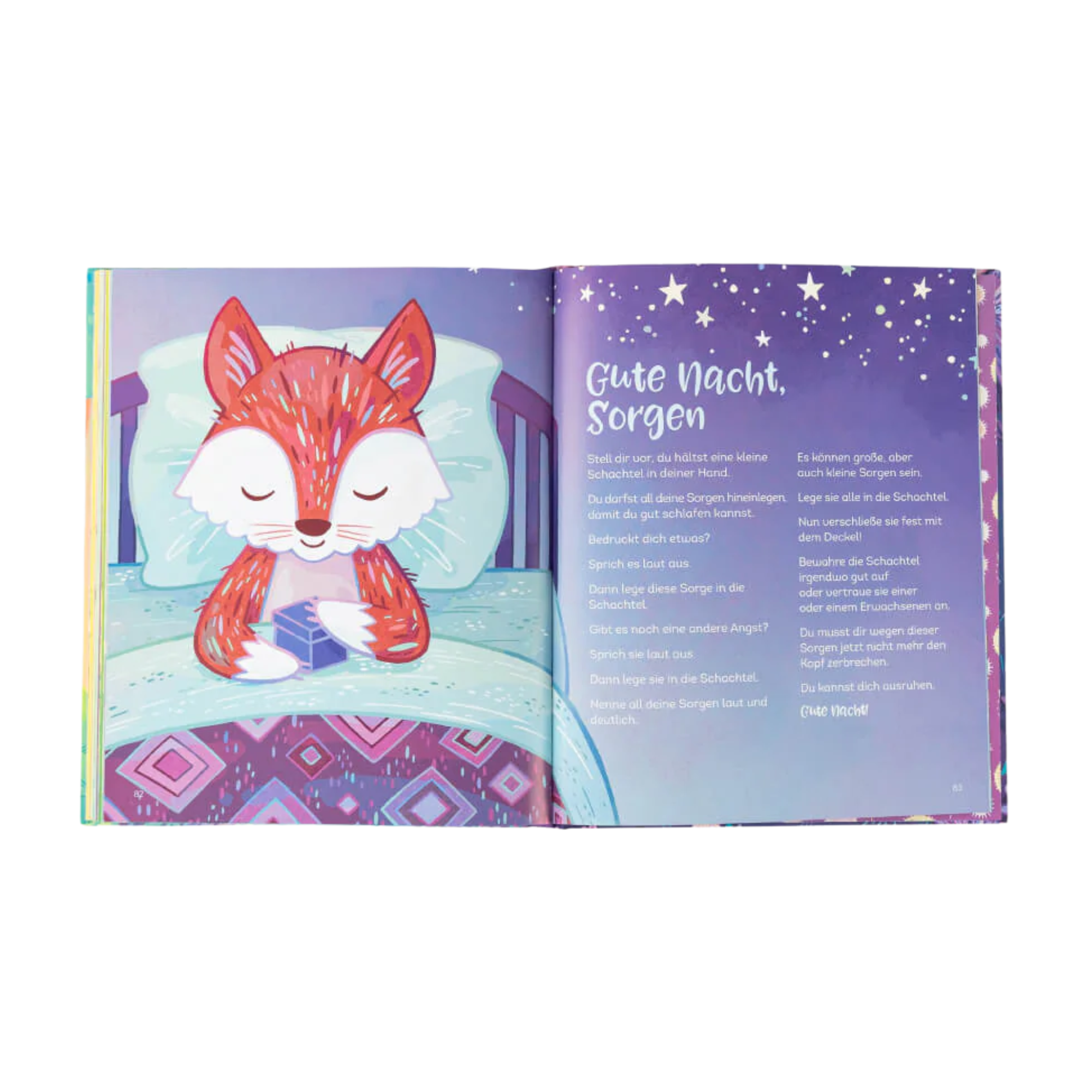 Eine illustrierte Doppelseite aus Kira Willeys "Entspannt wie ein Panda" zeigt links einen Fuchs im Bett und auf der rechten Seite ist der deutsche Text "Gute Nacht, Sorgen" auf einem Sternenhimmel zu sehen.
