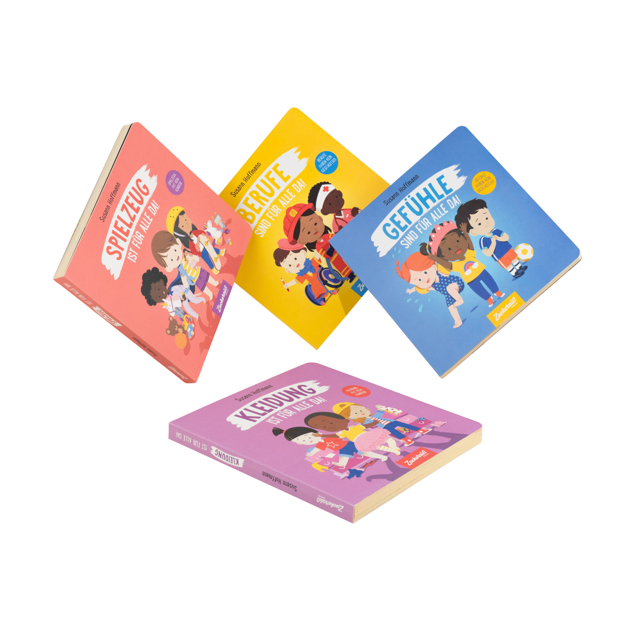 Die Buchreihe "Freiheit ist für alle da" vom Zuckersüß Verlag enthält vier bunte Kinderbücher mit illustrierten Covern und spielerischen Themen - ideal zur Förderung von Vielfalt, Gleichberechtigung und inklusiver Erziehung.