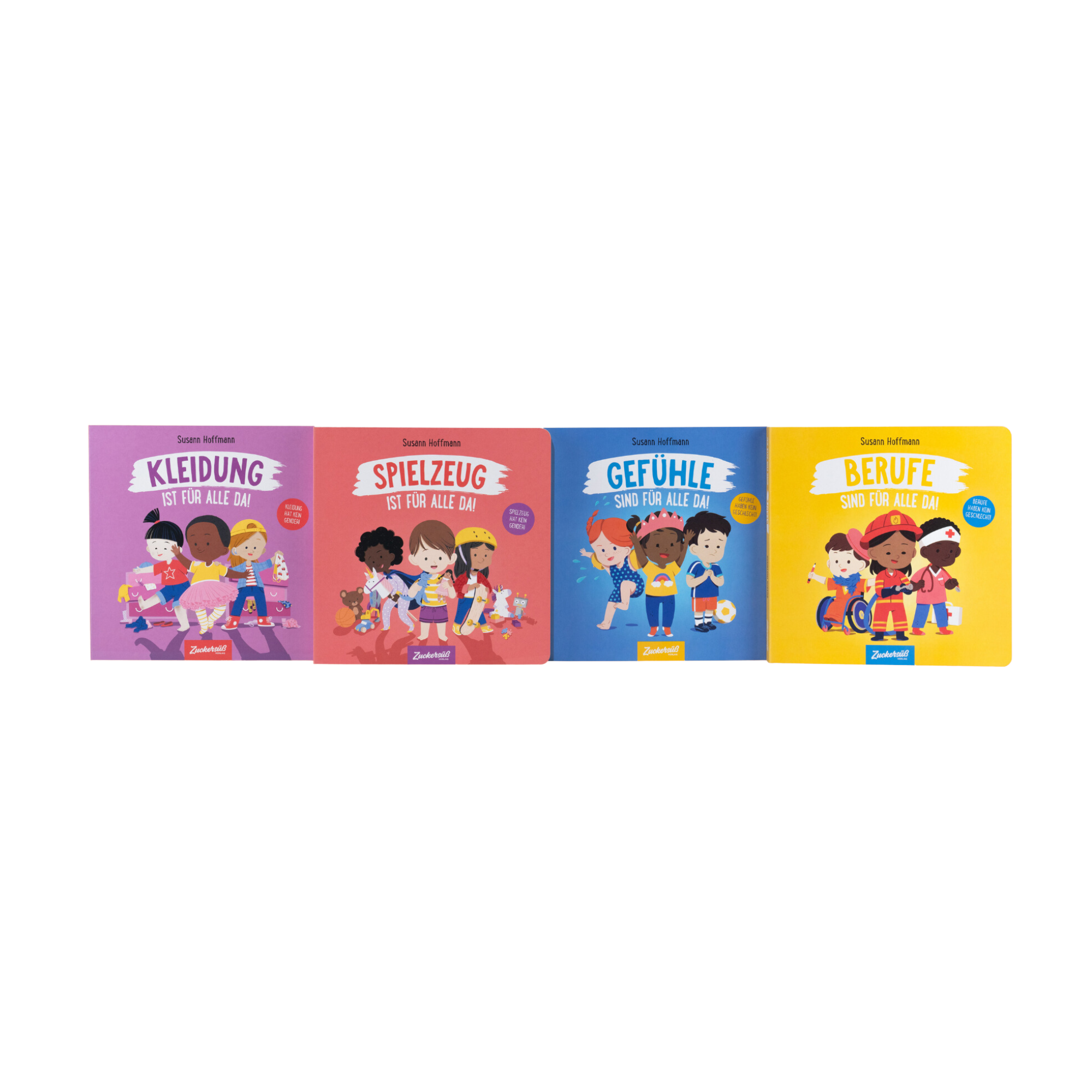Die vollständige Reihe „Freiheit ist für alle da“ von Susann Hoffmann, erschienen im Zuckersüß Verlag, zeigt vier farbenfrohe Kinderbücher zu den Themen Kleidung, Spielzeug, Gefühle und Berufe. Jede Ausgabe fördert Vielfalt, Gleichberechtigung und eine inklusive Sicht auf den Alltag von Kindern.